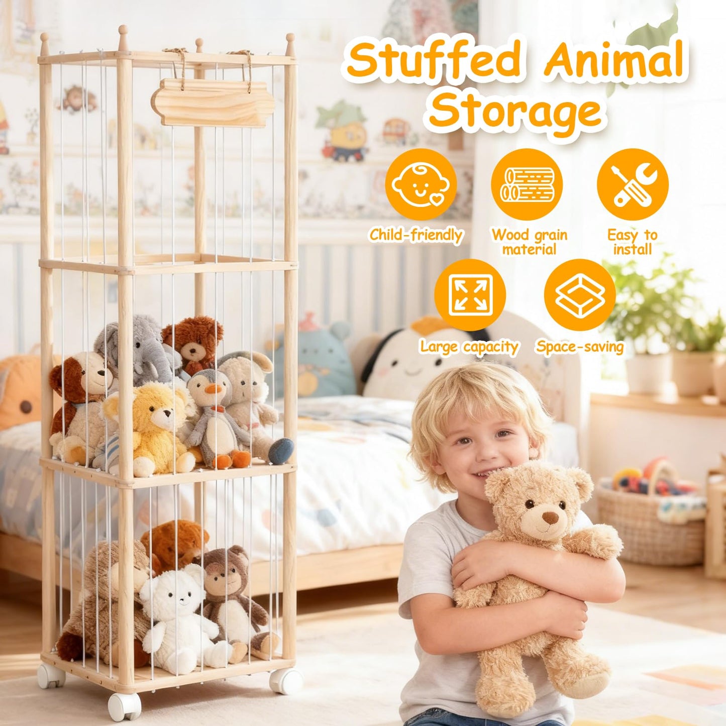 Stuffed Animal Toy Storage - Wooden Large Organizer Holder for Kids' Room and Playroom - Plush Zoo Animals Holder with Elastic Cords & Brake Wheel for Toddler Bedroom Toys Stuff Organization