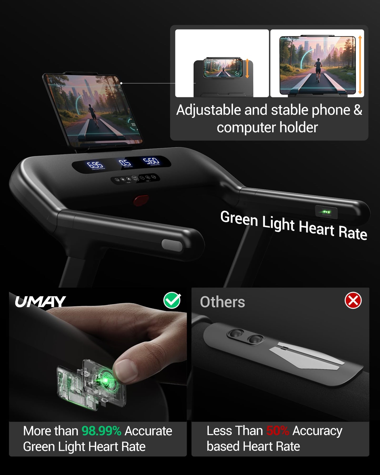 UMAY Fitness Treadmill with 20% Auto Incline,400LB Capacity,4.0HP & 9.5 MPH Speed,Foldable 55"x18"Ultra Large Wide Walking & Running Area Treadmill for Home with Handle (auto 20% Incline)