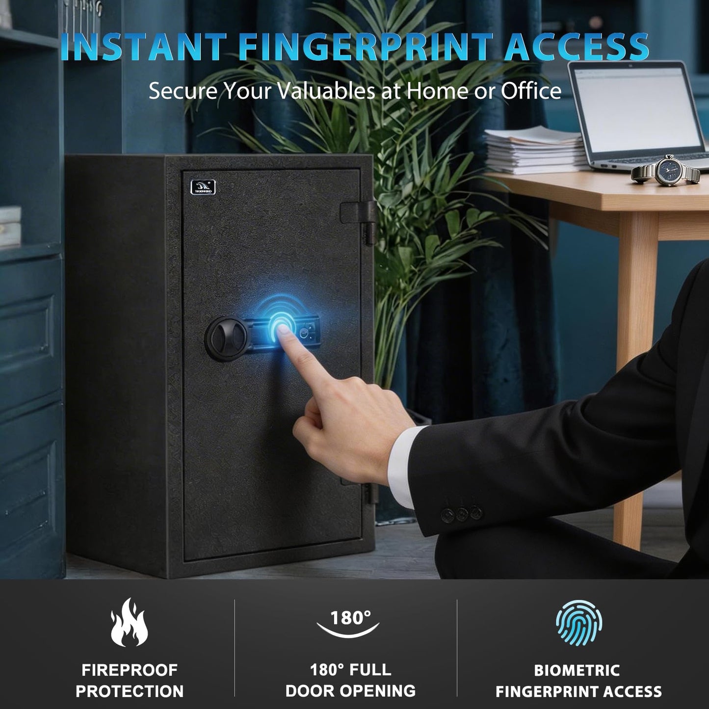 TIGERKING Biometric Fingerprint Fireproof Safe for Home Office, 3.47 Cu Ft Solid Steel Security Safe with Removable Shelf, Stores 29 Fingerprints, 30 Min Fire Protection, Anti-Theft Digital Safe