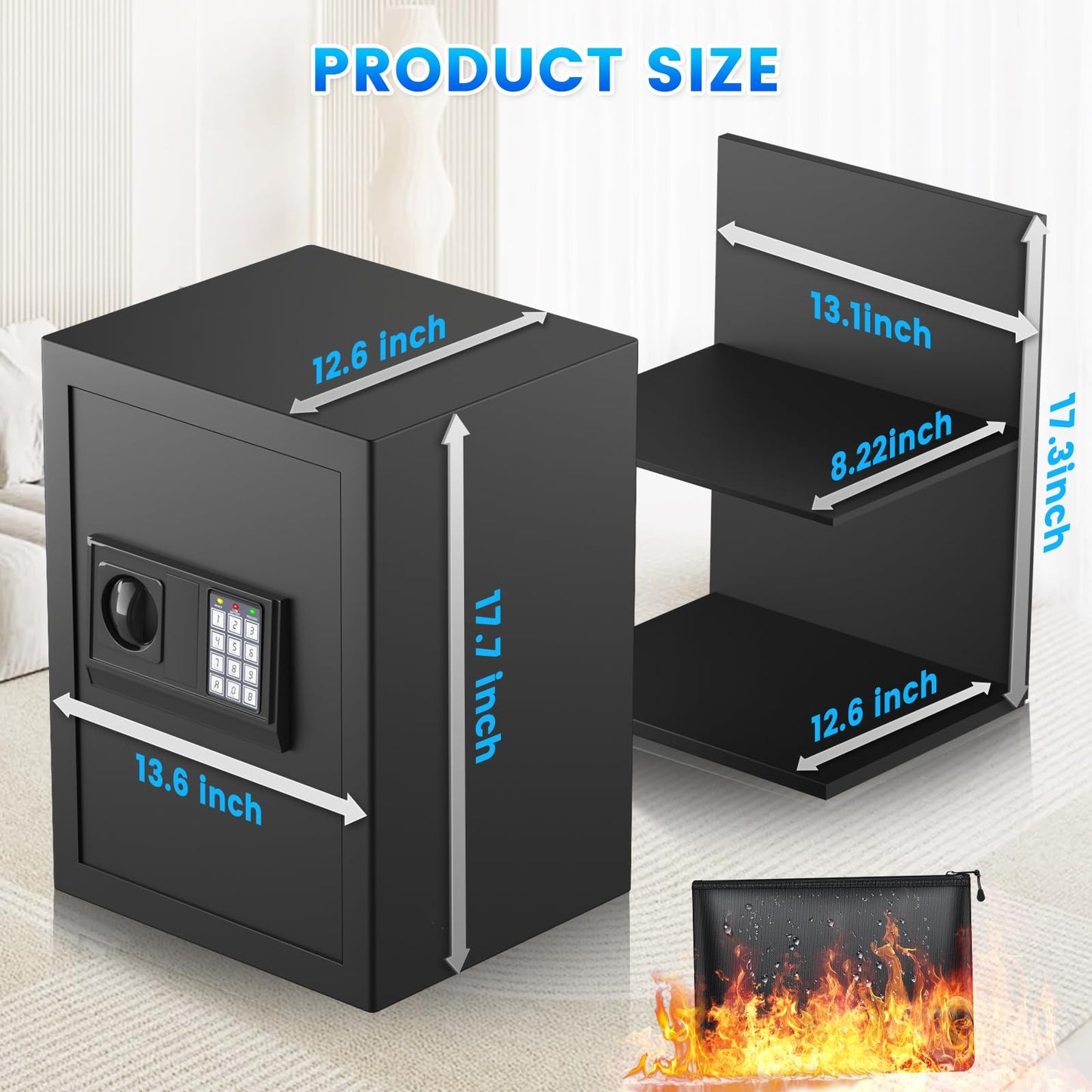 19.69 Inches Tall Safe Box, 3.3 Cuft Home Safe with Fireproof Waterproof Bag, Anti-Theft Digital Security Lock Box with Smart Alert System, Removable Shelf, Mute Function, Document Safes for Jewelry