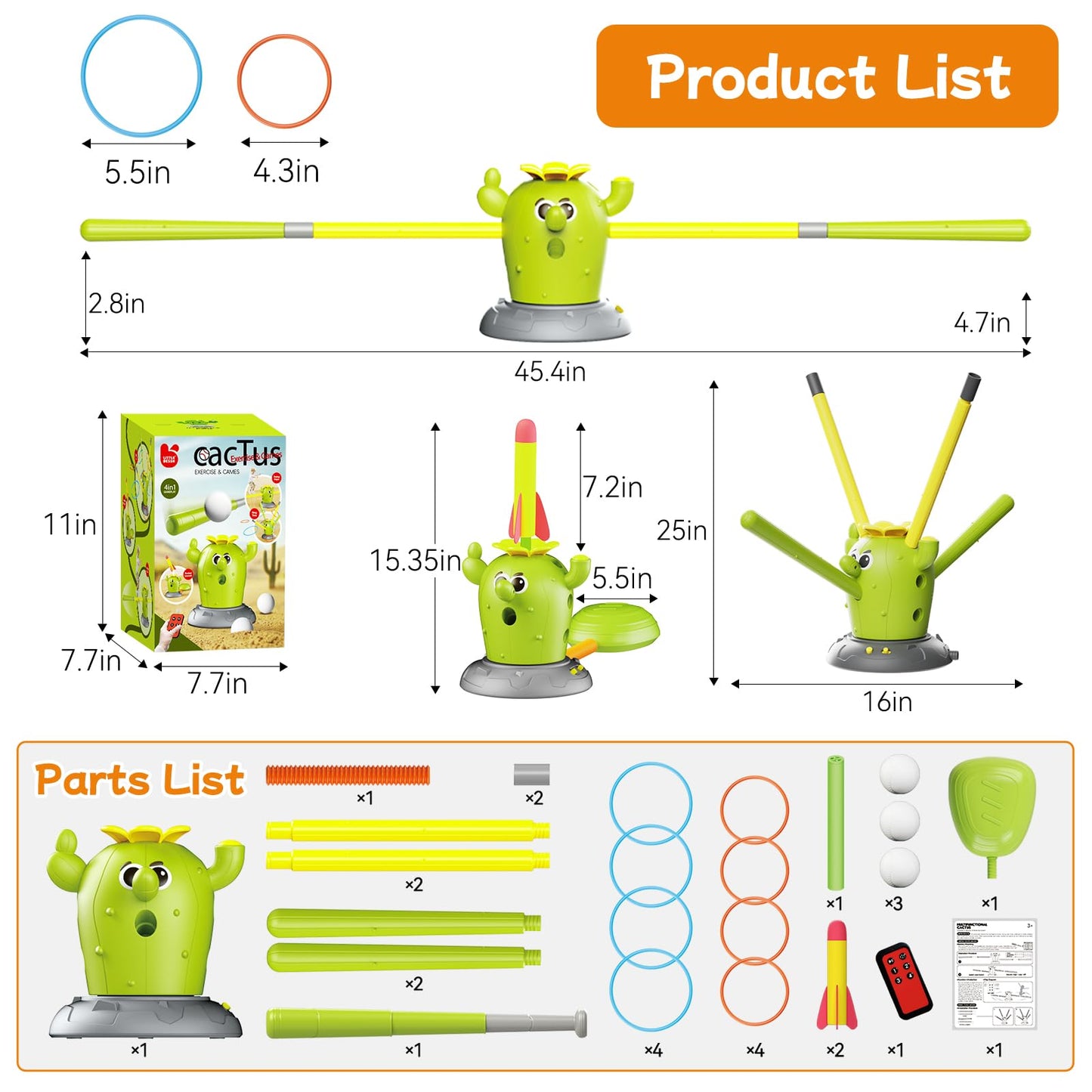 Cactus 4-in-1 Musical Jumping Toys Set with Ring Toss, Stomping Rocket Launcher and Baseball Game, Fun Indoor and Outdoor Toys for Active Play Sports Toy for Kids Ages 3 4 5 6 7 8+ Boys & Girls.