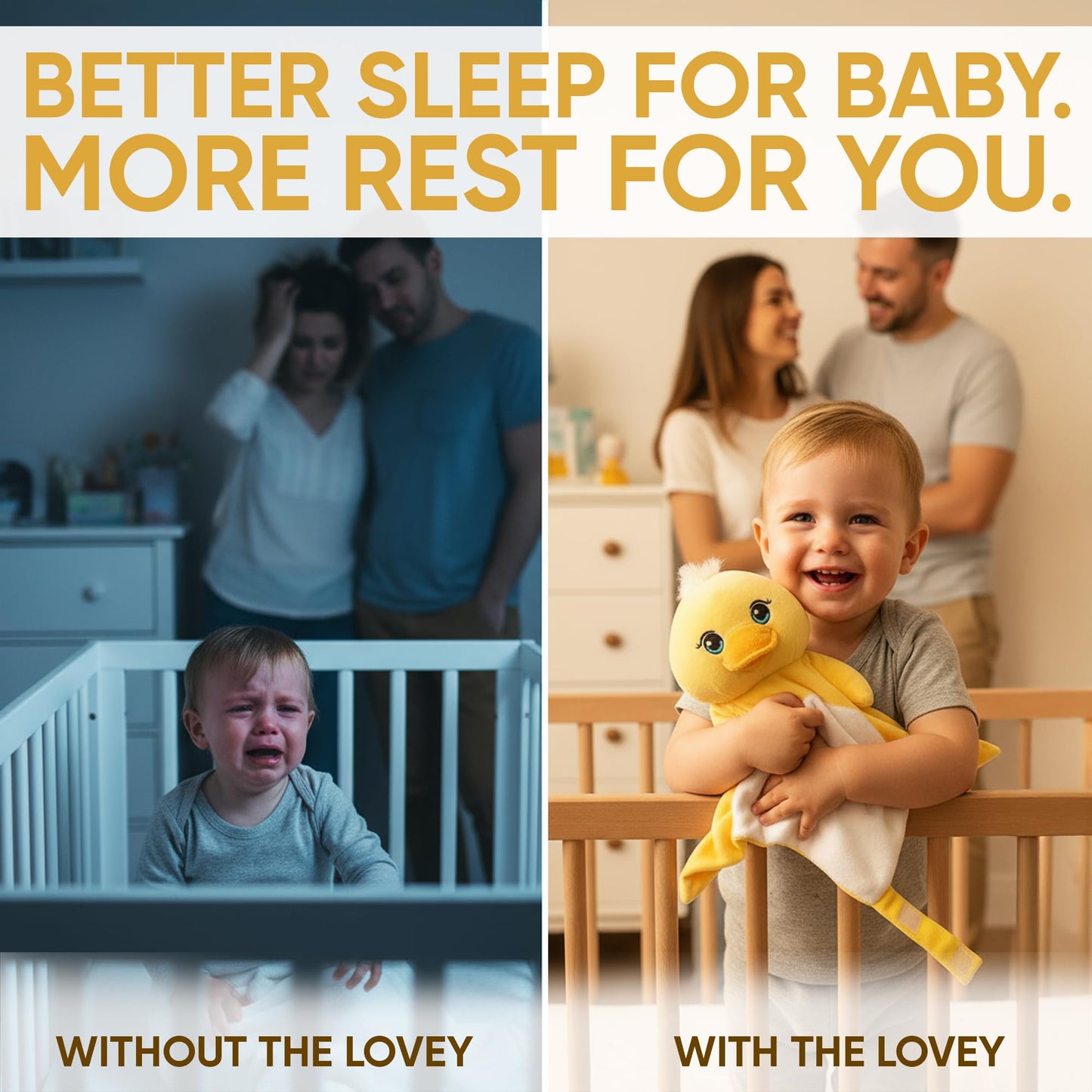 Love By Emi 4 in 1 Baby Lullaby Sleep Soother Toy - Stuffed Animal Sound Machine & Pacifier Holder | Heartbeat White Noise & Music | Plush Yellow Duck Lovey Sleep Aid Security Blanket (0-3 Years)