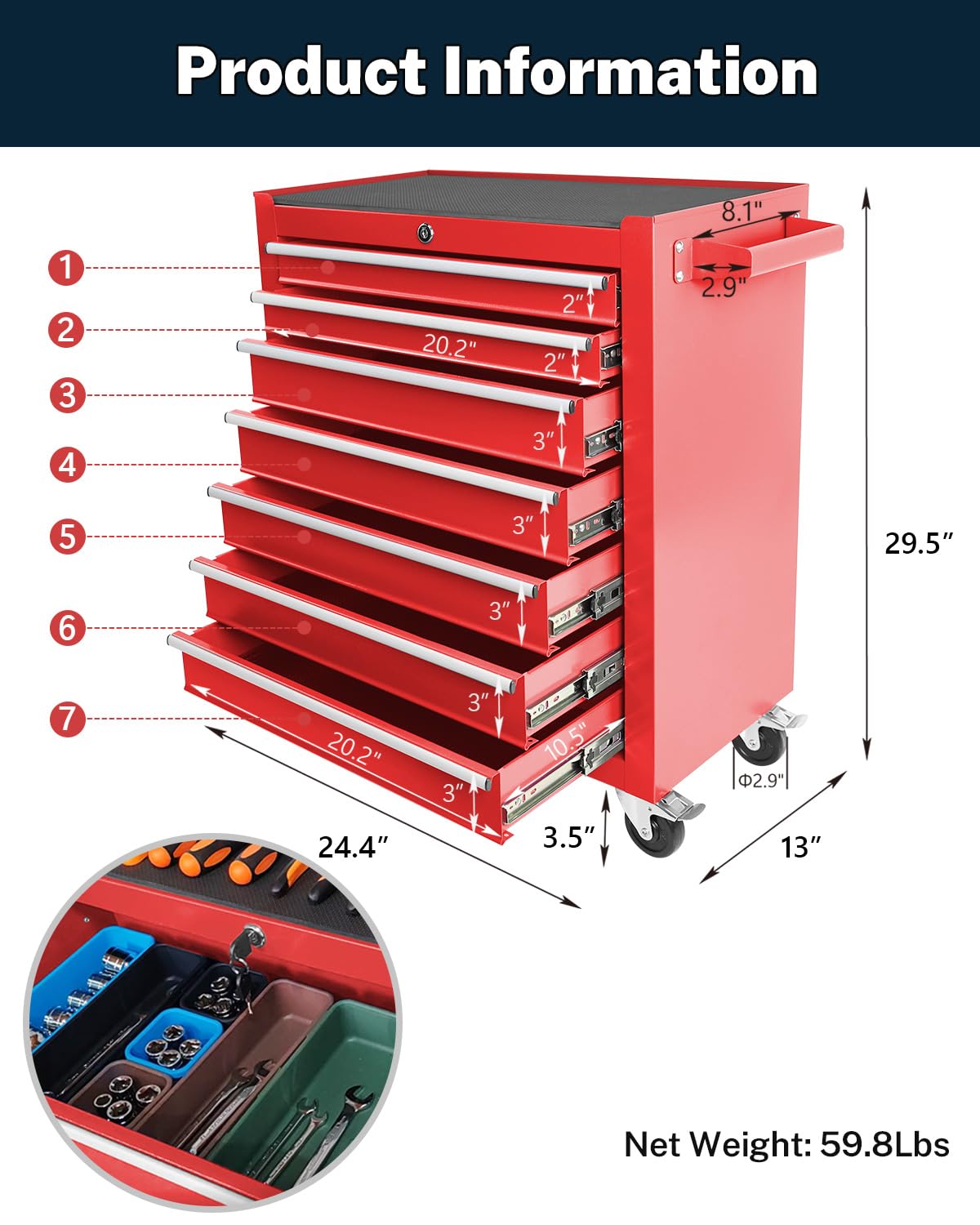 7-Drawer Rolling Tool Chest, Locking Removable Drawers Tool Cabinet with Stainless Steel Top & Brake Wheels, Heavy-Duty Garage Toolbox Cart for Home/Factory, Red