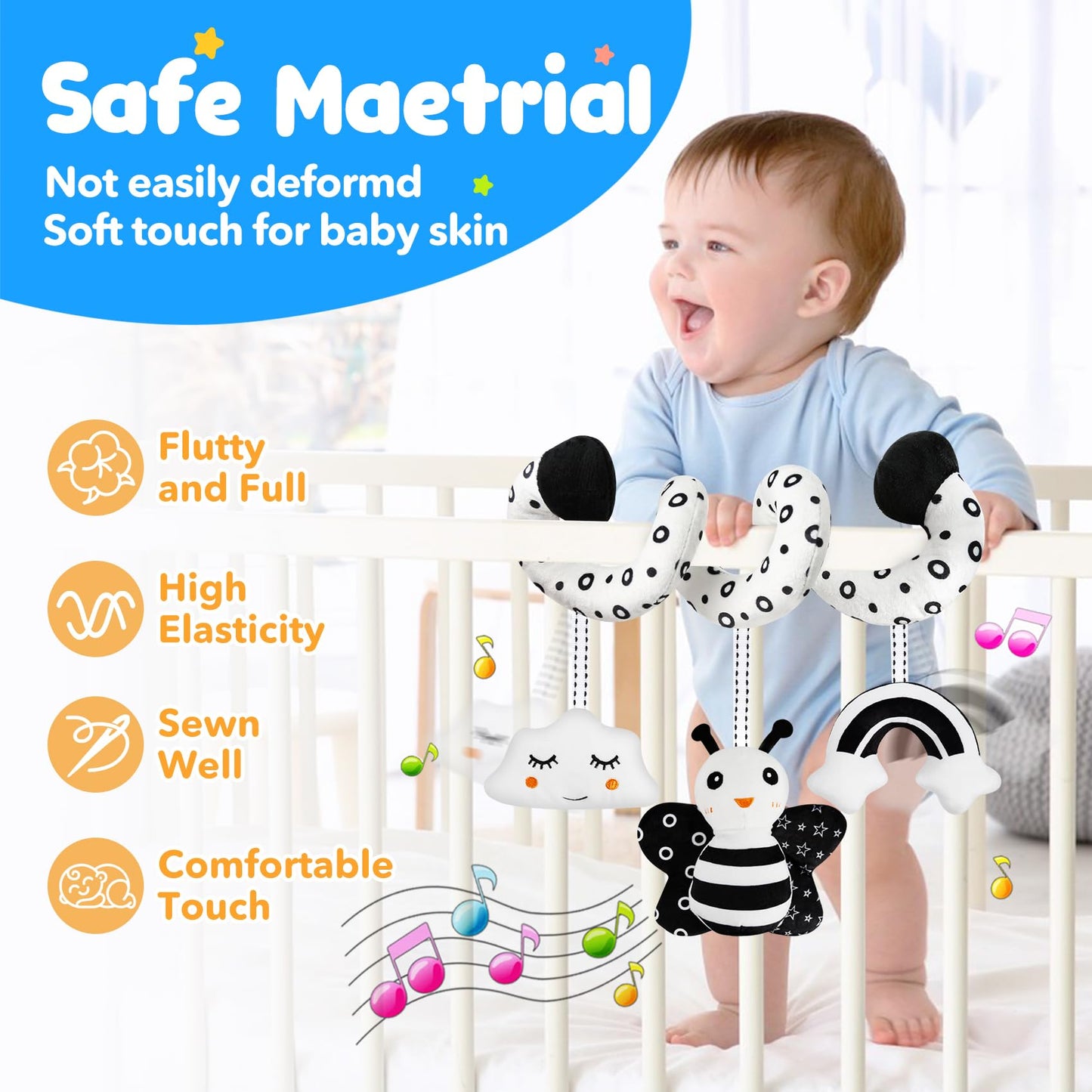 TSYAN High Contrast Baby Toys for Babies 0-6 Months, Black and White Baby Sensory Toys with Car Seat Toys,Infant Toys with Black White Book, Hanging Rattle Toys for Baby Gifts