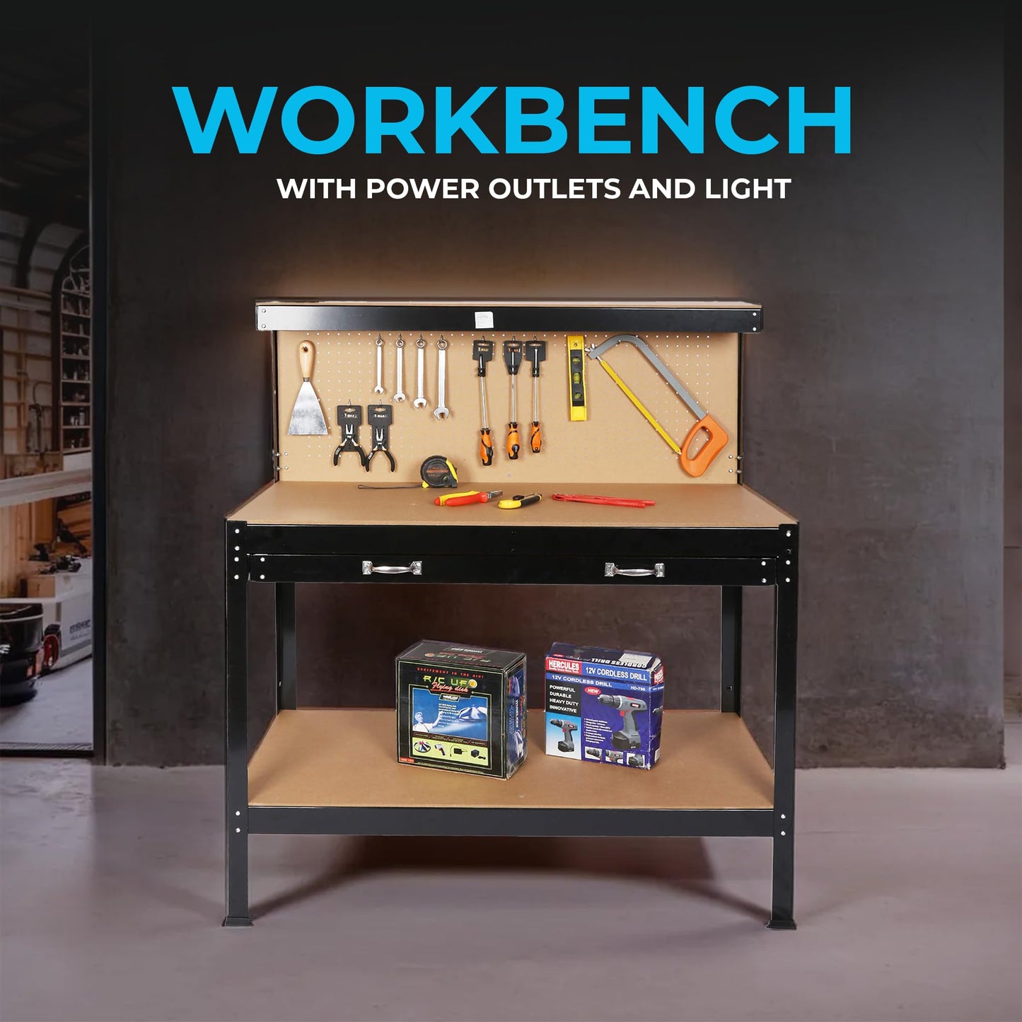 Simpli-Magic 48-Inch Workbench with Power Outlets and Light, Large Capacity 500LBS Evenly Distributed