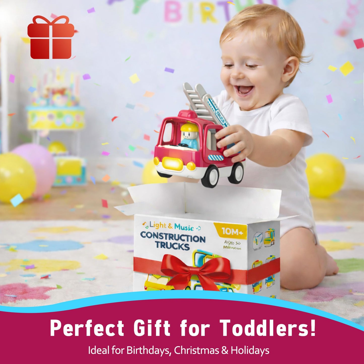 ROHSCE Baby Boy Construction Toys for 6-12 Months, Toddler Learning Toy Cars, Push and Go Friction Powered Fire Trucks with Light and Music, First Birthday Gifts for Boys