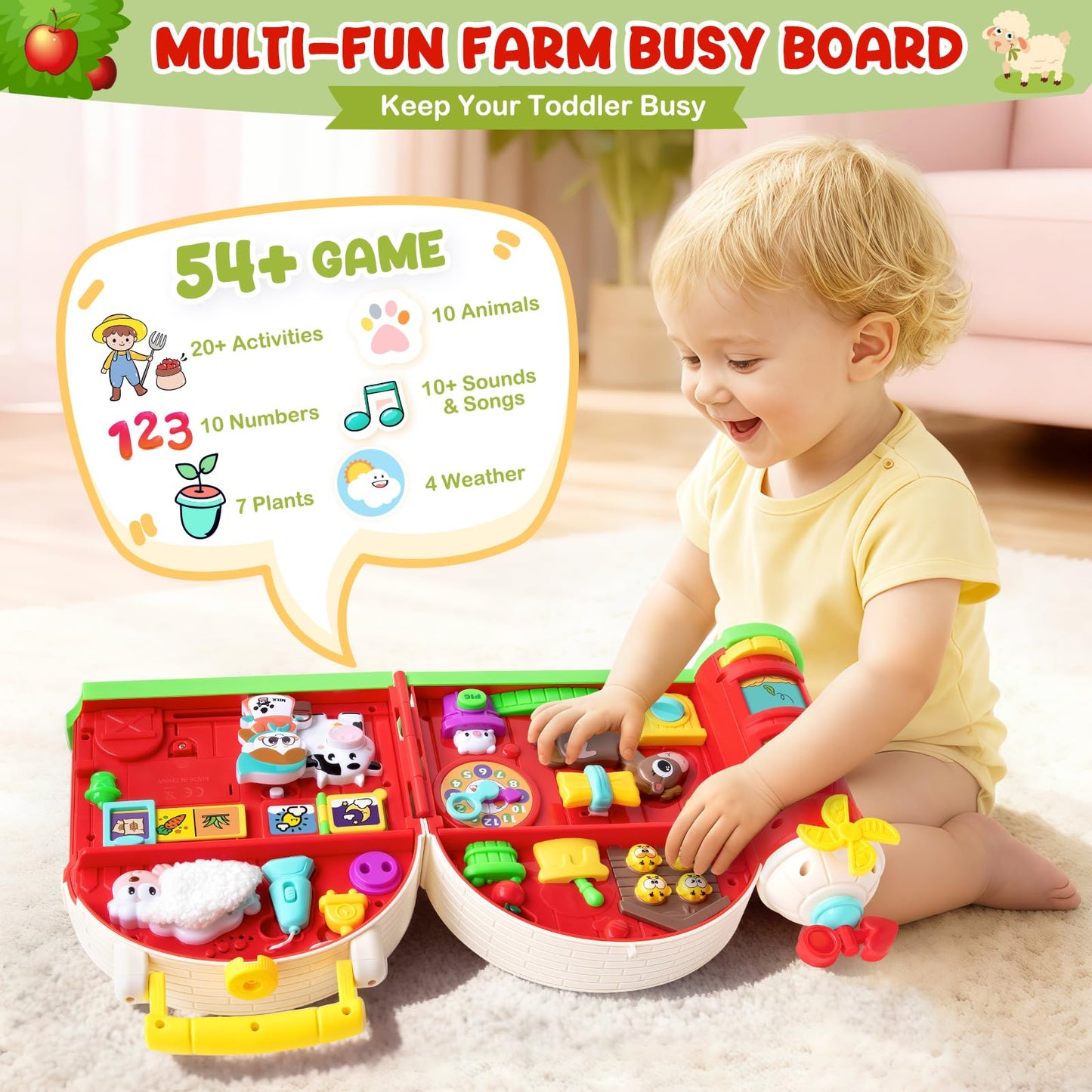 Toddler Toys for 1-2 Year Old Boys & Girls, Farm Barn Montessori Busy Board, Early Educational Toy for Kids 1-3, Motor Skills Developmental Toy for 12-18 Month, Christmas Birthday Gift for Aged 1+