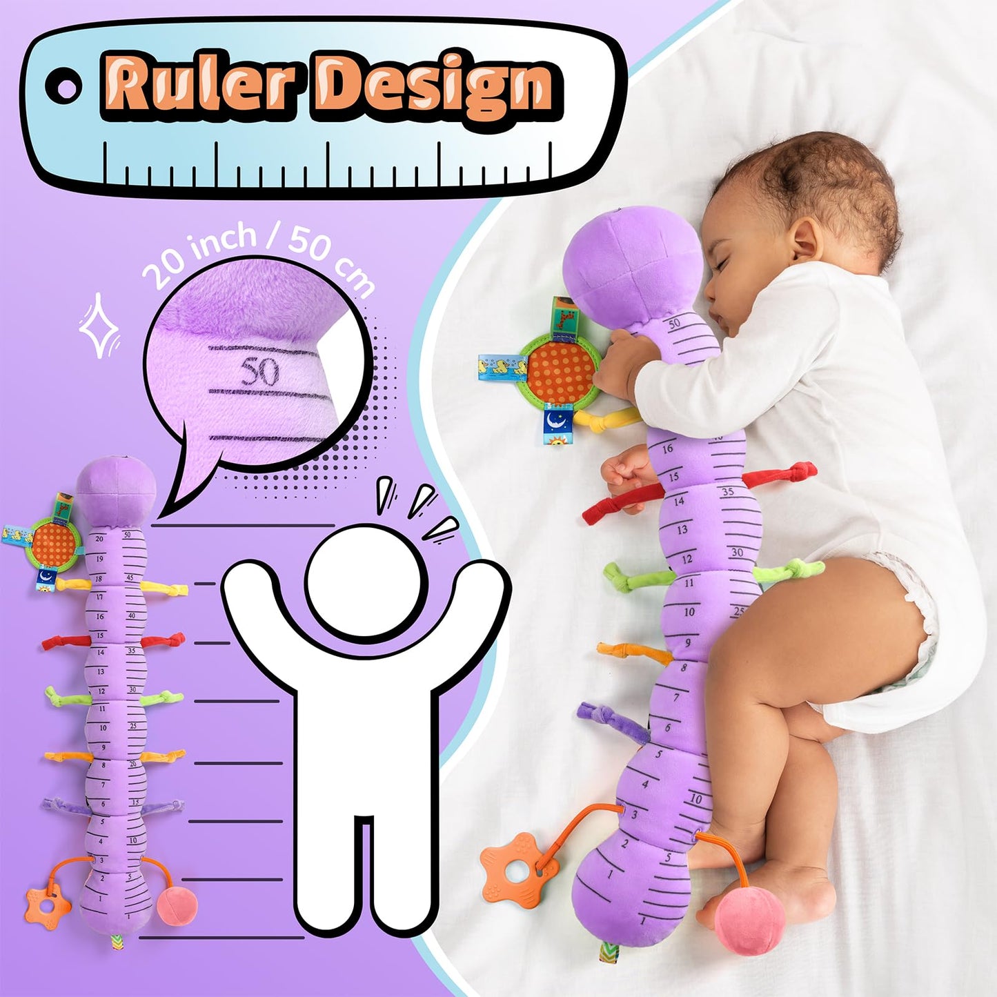 LIGHTDESIRE Baby Toys Musical Caterpillar,Infant Toys 3 6 12 Months Sensory Toy with Ruler Design,Mirror,Pull String,Crinkle&Ring Bell,Baby Teething Toy for Tummy Time Boy Girl Gifts (Lavender Purple)