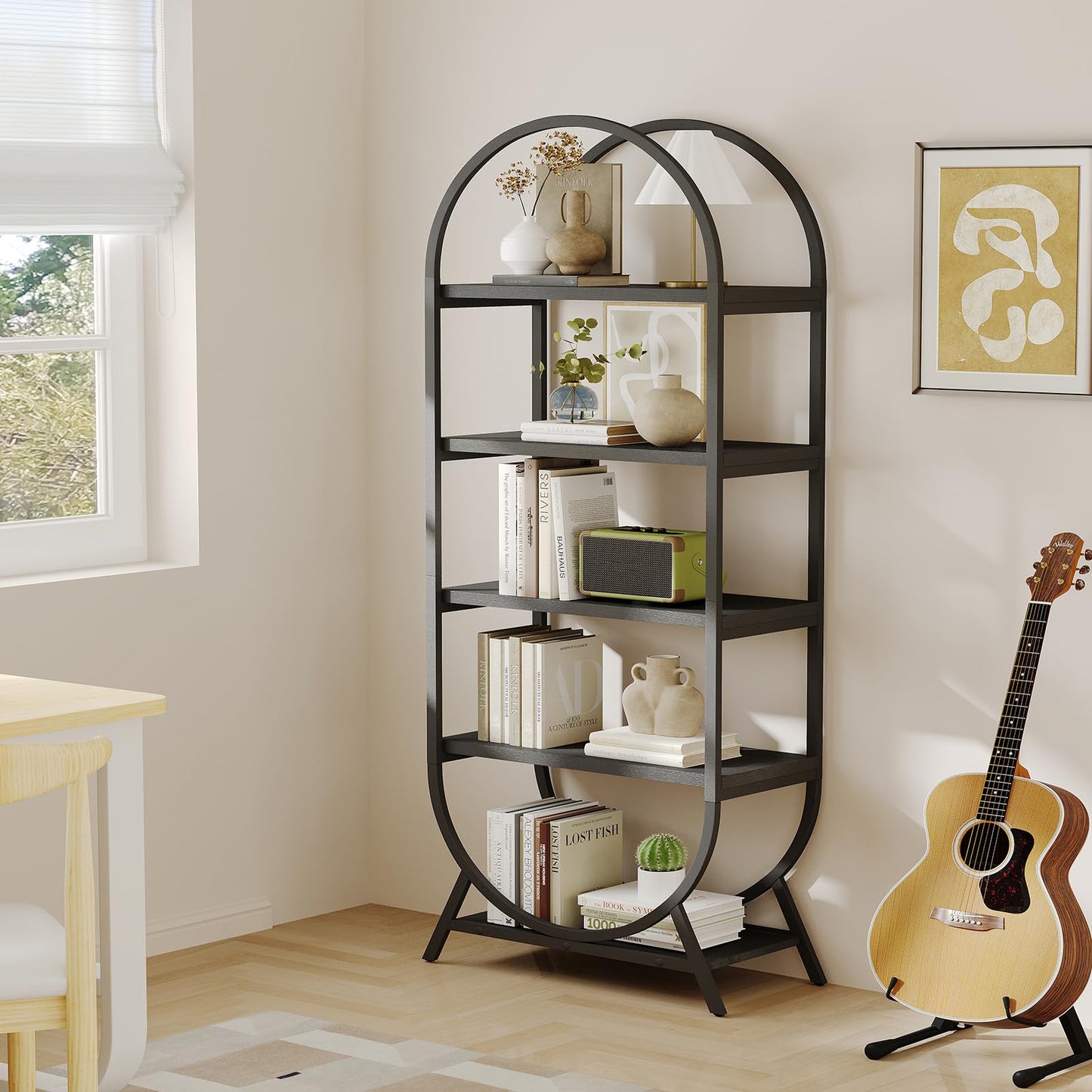 Kogven Bookshelf Arched Bookcase, Industrial 5 Tier Open Book Shelves with Metal Frame, 72" Tall Freestanding Display Rack for Home Office, Living Room, Black