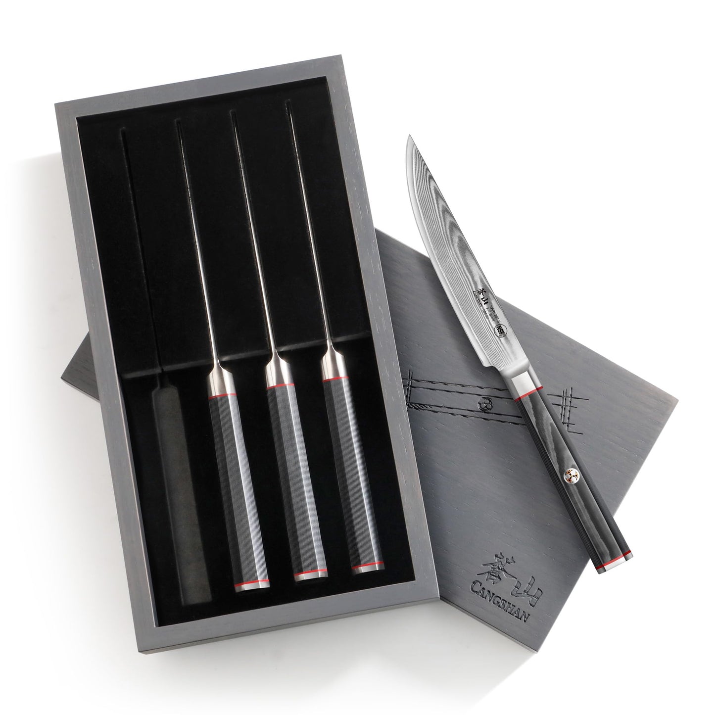 Cangshan YARI Series 4-Piece Fine Edge Steak Knife Set with Ash Wood Box, X-7 Damascus Steel