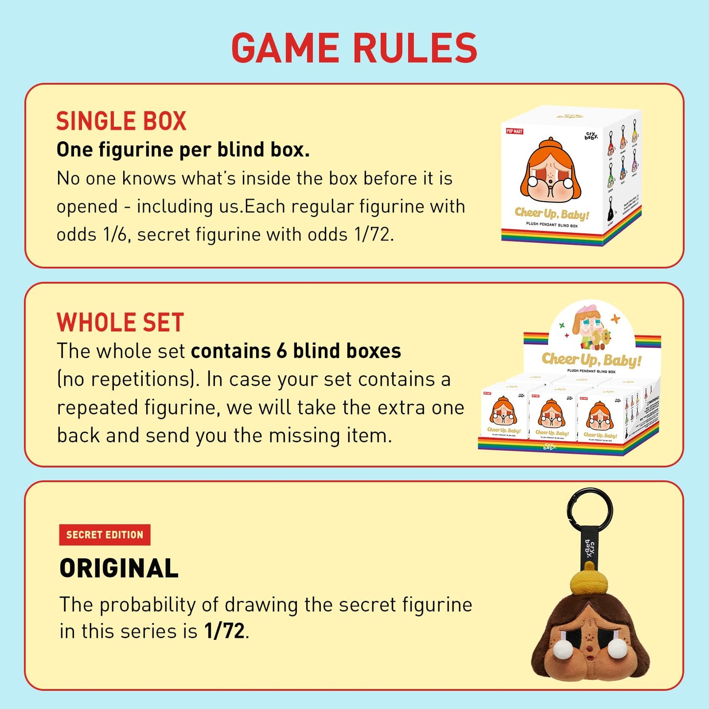 POP MART Crybaby Cheer UP, Baby! Series-Plush Pendant Blind Box, 6PCs Crybaby Blind Box Figures, Random Design Action Figures Collectible Toys Home Decorations, Holiday Birthday Gifts, Whole Set