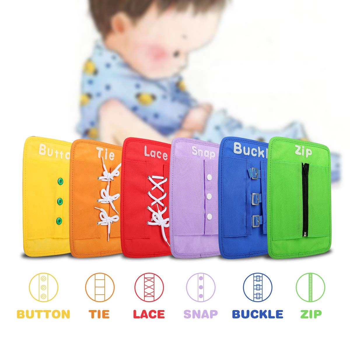 YHZAN Learn to Tie Your Shoes Dressing Board Montessori Mobile Sensory Board Travel Therapist Life Skills Development Toy - Zip,Button,Snap,Buckle,Lace & Tie for Preschool Toddler 2-8 Years Old