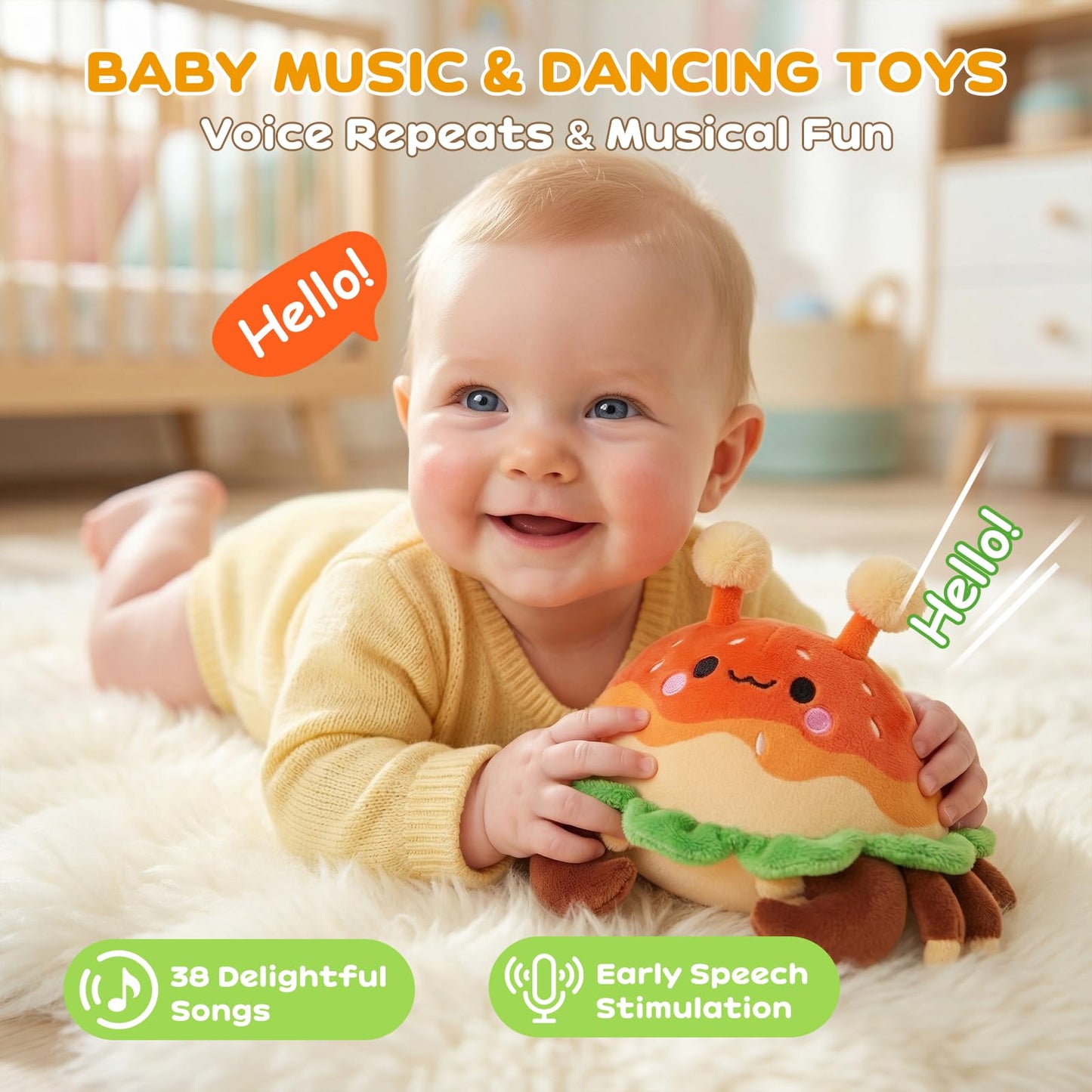 JoyCat Baby Toys 0-18 Months, Musical Crawling Crab Plush Toy - 38 Songs & Recording Feature, Bouncing Tummy Time Toy, Sensory Toys with Crinkle & Textures for Newborn Boys Girl Shower Gifts