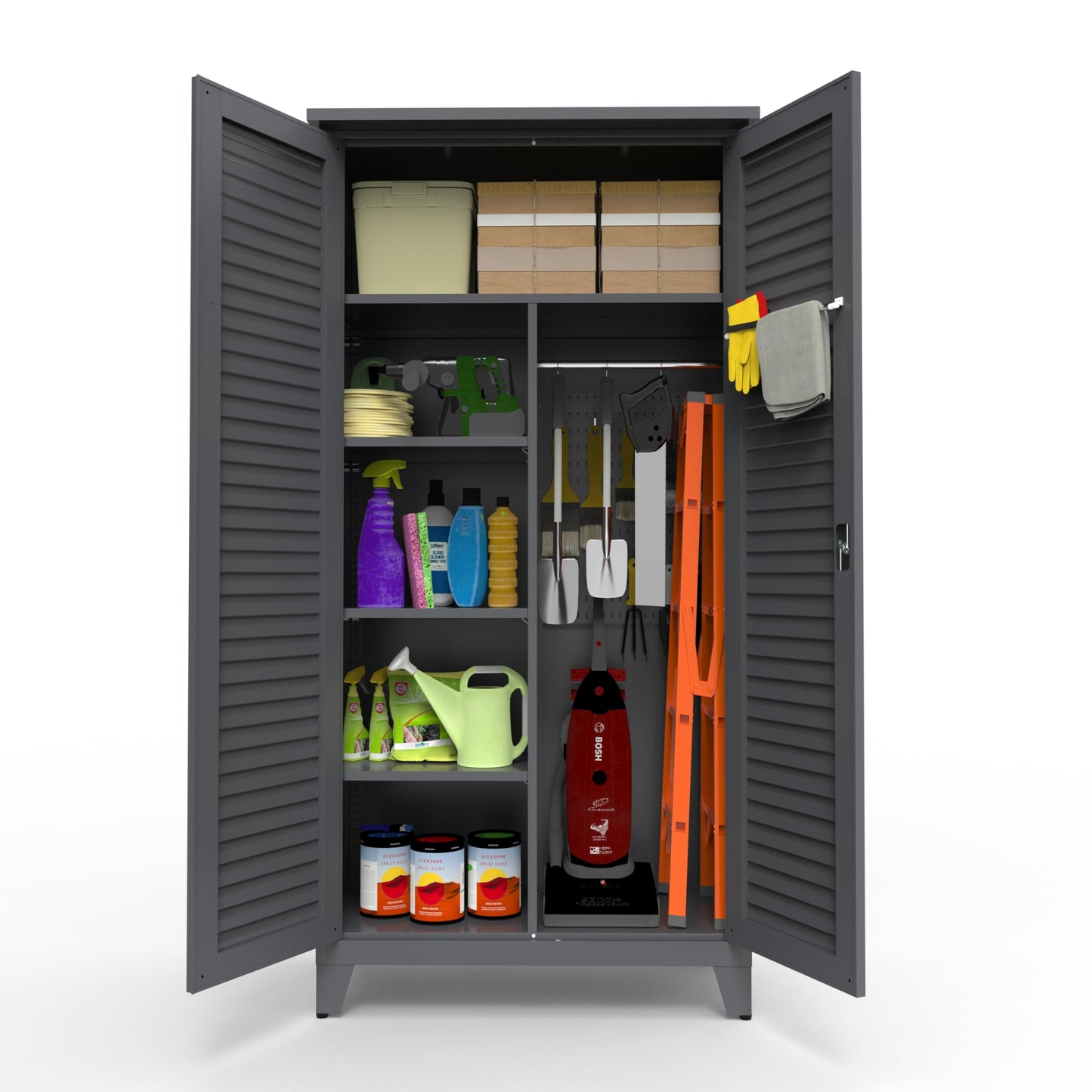 Shutter Metal Storage Cabinet,Waterproof 73'' Tall Freestanding Tool Chest w/ 3 Adjustable Shelves,Locking Doors,2 Hanging Rod,Utility Garage Storage Tool Cabinet for Garage,Home,Office,Outdoor,Black