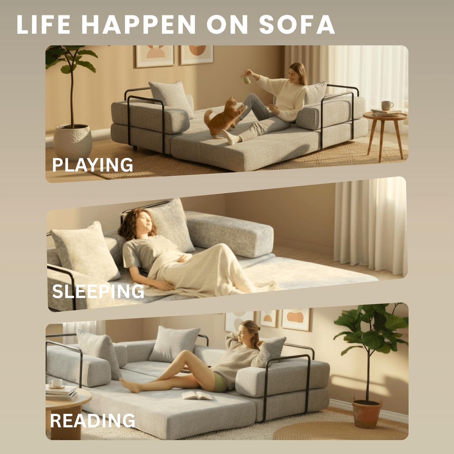 Alpen Convertible Sleeper Sofa Bed, 77" Sofa Bed Full Size with L-Shaped Armrests, Pull Out Sofa Beds Queen Size Couches for Small Living Room for Living Room Bedroom, Light Grey