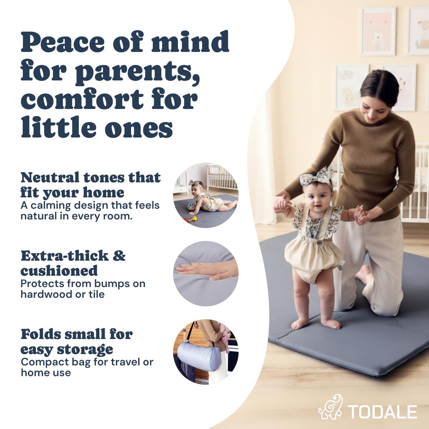 Todale Baby Play Mat, 50 x 50 Inches - Self-Inflating Foldable Foam Play Mat for Babies - Waterproof, Portable Floor Cushion for Playpen, Tummy Time & Christmas Gift Holiday Present Newborn Shower Toddler's Birthday.