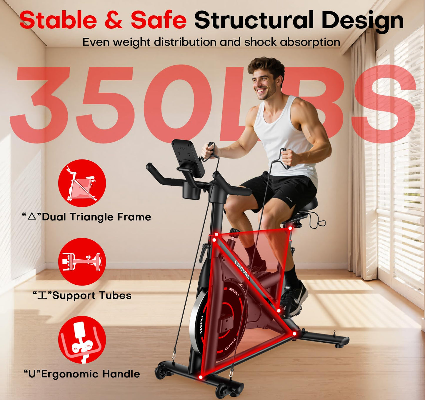CHAOKE Exercise Bike, Quiet Adjustable Magnetic Stationary Bike for Home Cardio with App Compatible, 350LB Weight Capacity Indoor Cycling Bike with Large Seat, Dumbbell Rack, Pull Cords & LCD Display