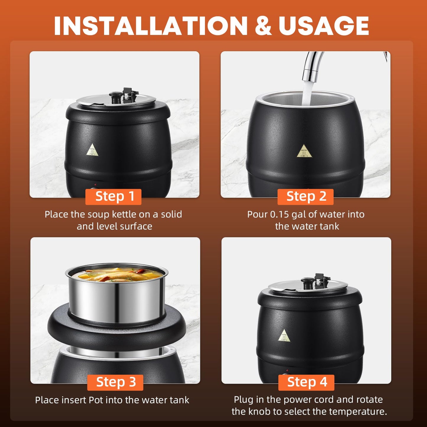 Commercial Soup Warmers Soup Kettle with Stainless Steel Hinged Lid and Detachable Insert Pot for Restaurants and Party, Home, Catering