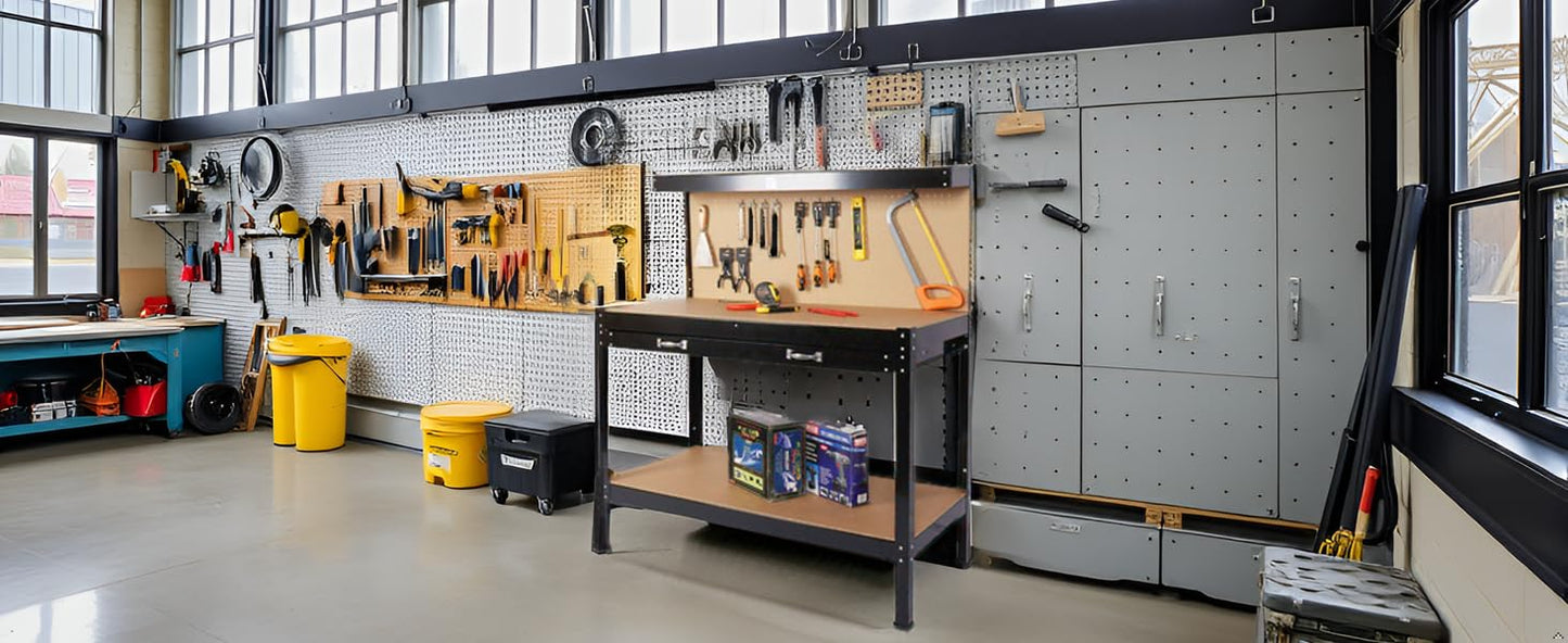 63" Heavy-Duty Steel Workbench with Drawer & Pegboard, Tool Storage Table for Garage, Workshop, and DIY Projects