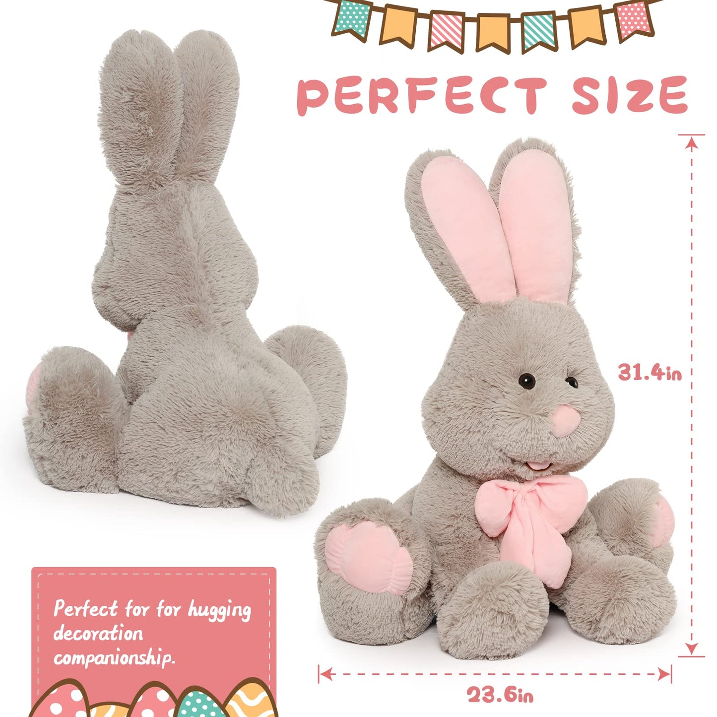 MorisMos Giant Bunny Stuffed Animal, 31.5'' Large Grey Rabbit Plush Toy with Pink Ears, Soft Toy for Girls/Boys, Ideal Gift for Easter, Halloween, Christmas, Cuddling, Snuggling