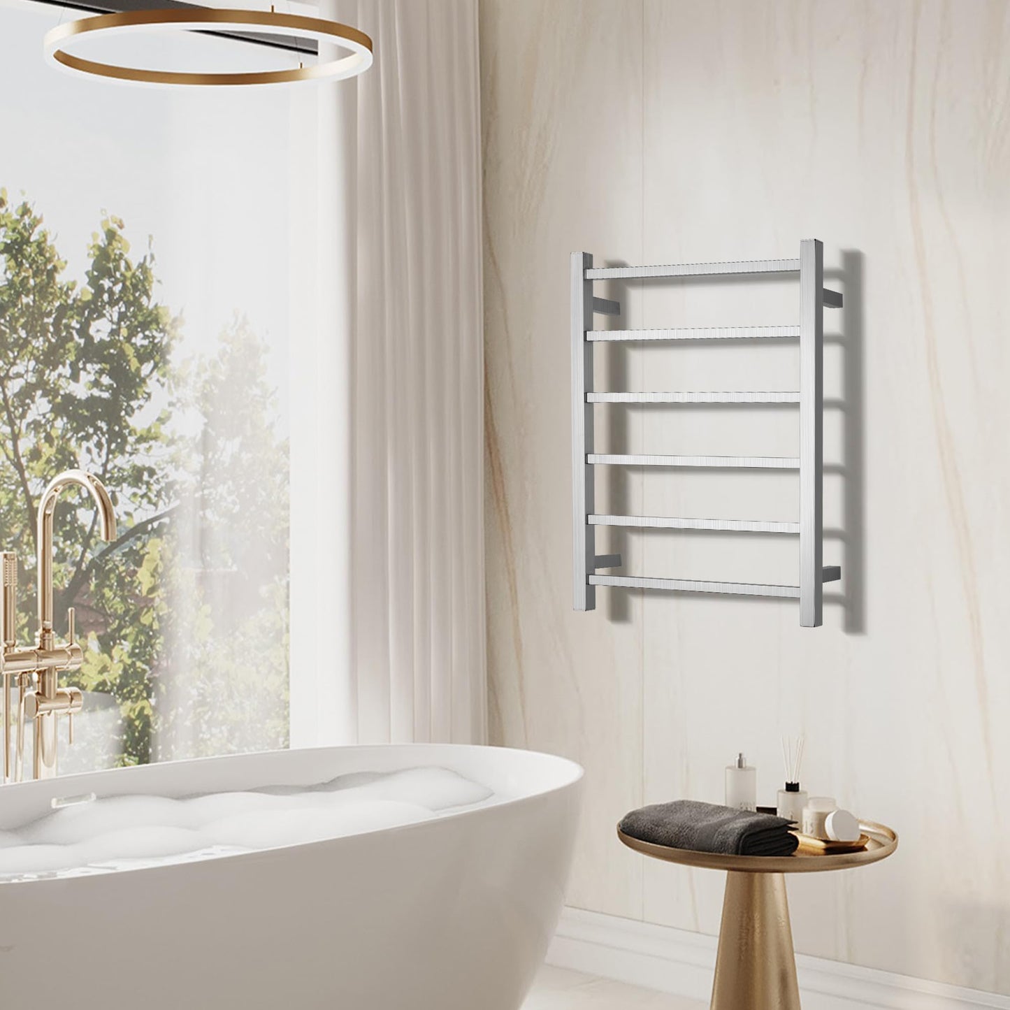 SHARNDY Towel Warmer Brushed Nickel for Bathroom Wall Mounted Bath Towel Heater Plug-in Square 6 Bars Drying Rack Stainless Steel Electric Heated Towel Rack 80W 27.48x21.57x2.17inches ETW13