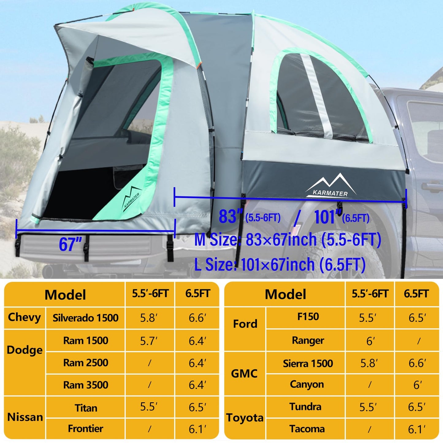 Pickup Truck Tent, Waterproof PU2000mm for Camping 5.5-6 Ft Bed,2-Person Sleeping with Double Layer Design Windows, Portable Overland Tent Expandable Triangle Sunshade Awning