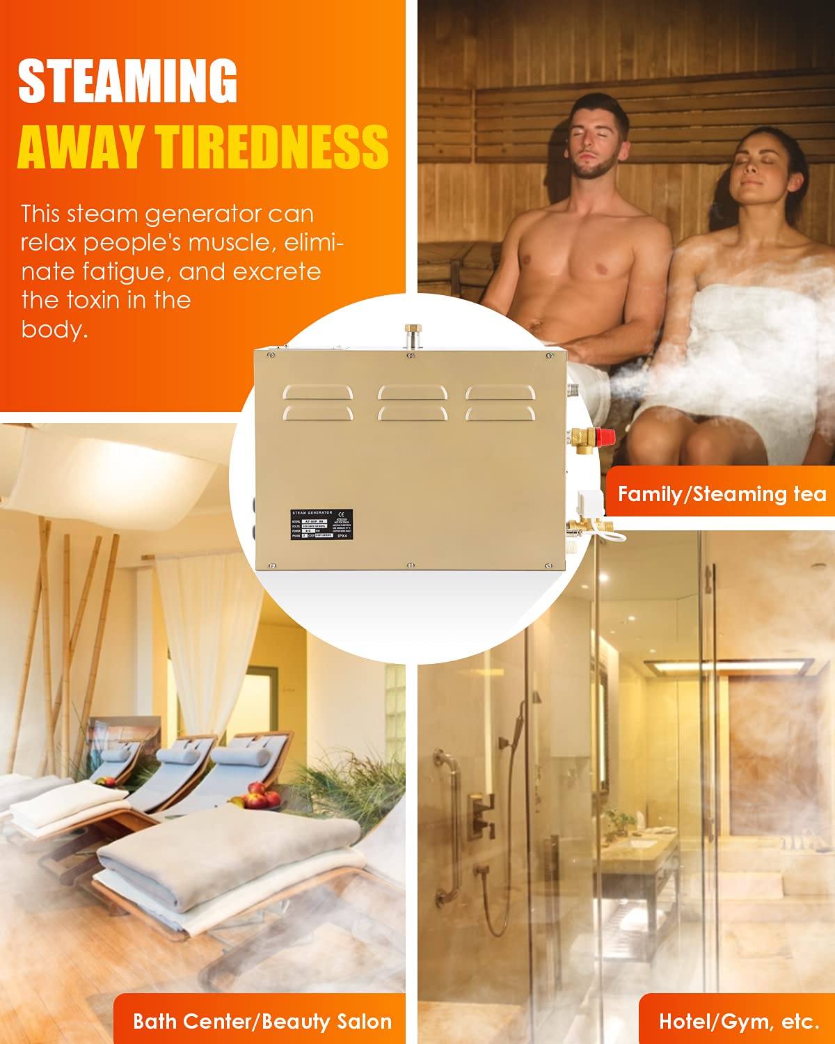 CGOLDENWALL 7.5KW Commercial Self-Draining Steam Generator Shower System Home Steam Bath Spa Generator 30 min to 12 Hours Auto Drain 95-131℉ for Suitable Space Heating 8 m³/283Cubic feet (7.5KW)