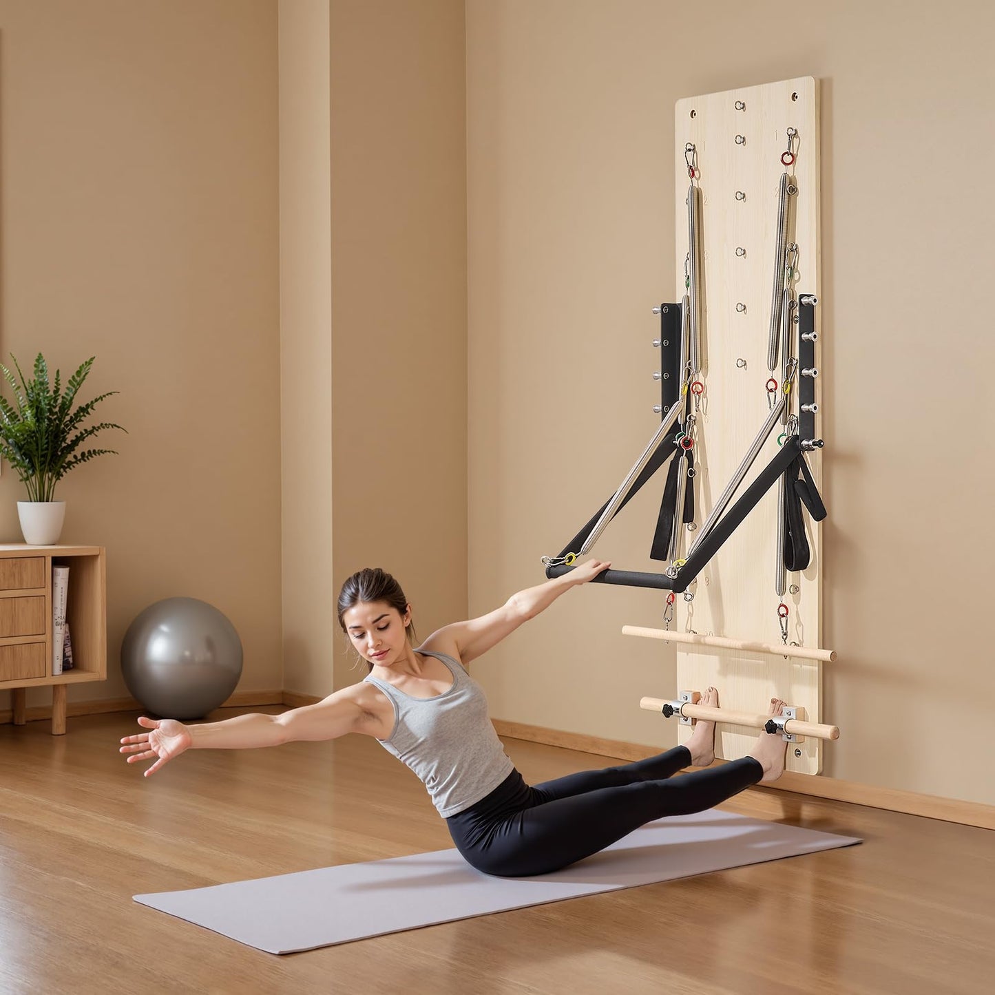 VEVOR Wall Mounted Pilates Reformer Machine, Maple Wood Pilates Springboard, Exercise Equipment with Resistance Springs, Yoga Fitness Trainer, Suitable for Flexibility Balance, Home Gym Studio Workout