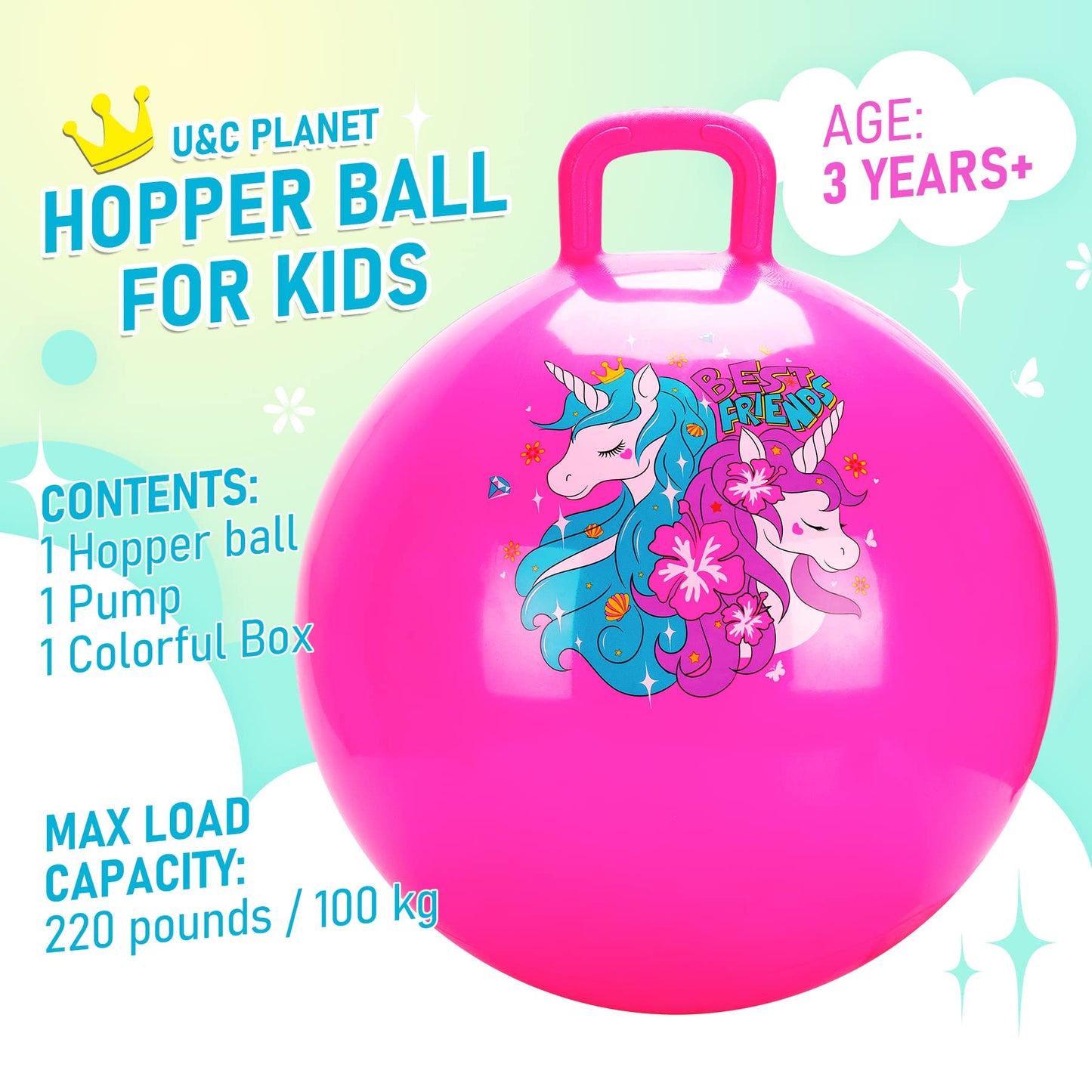 U&C Planet Hopper Ball,18 inches Bouncy Ball with Handle for Kids Age 3-6, Sit on Bounce Jumping Hopping Toy with Pump, Great Toddler Girls Toys for Birthday Gifts, Pink Unicorn