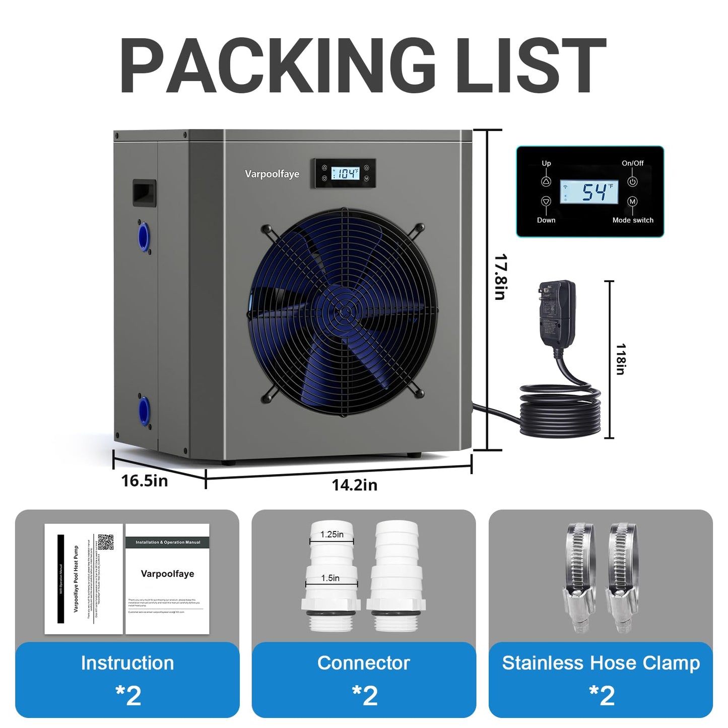 Varpoolfaye 16000 BTU Swimming Pool Heat Pump 5000 Gallon Electric Pool Heater for Above Ground Pool 5KW Heating or Cooling WiFi Control Timer Pool Heater 120V 60Hz