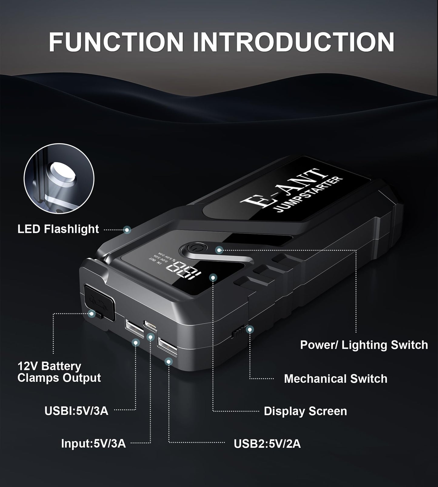 Car Battery Jump Starter, 4000A Car Jump Starter for 8.0L Gas or 5.0L Diesel Engine,12V Lithium Jump Box,LED Lights,Portable Power Bank USB QC3.0 Outputs Charger