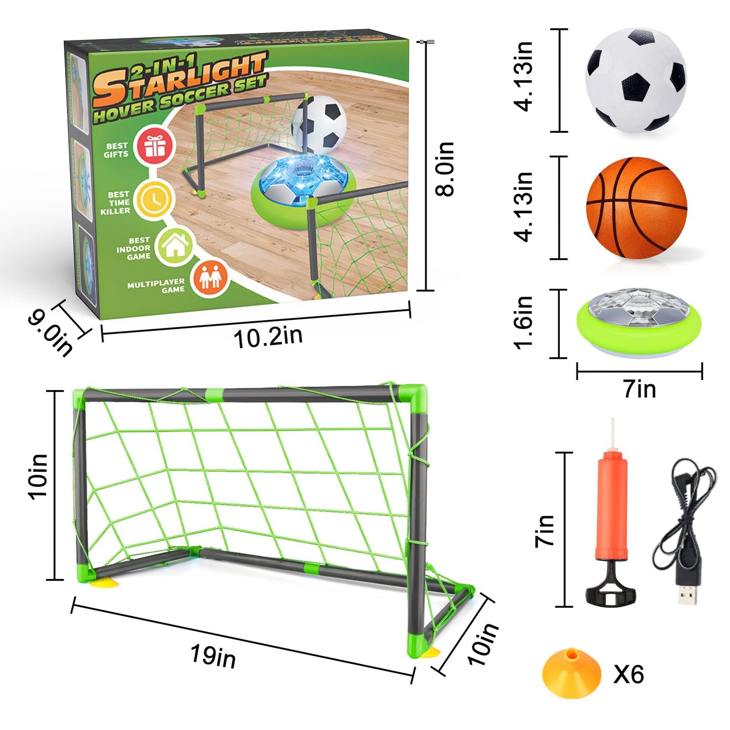 Growsland Hover Soccer Ball with 2 Goals - Rechargeable Air Floating Soccer Toy with LED Lights and Foam Bumper, Indoor Games for Kids 4-8-12, Toys Gifts for 3 4 5 6 7 8 9 Year Old Boys Girls