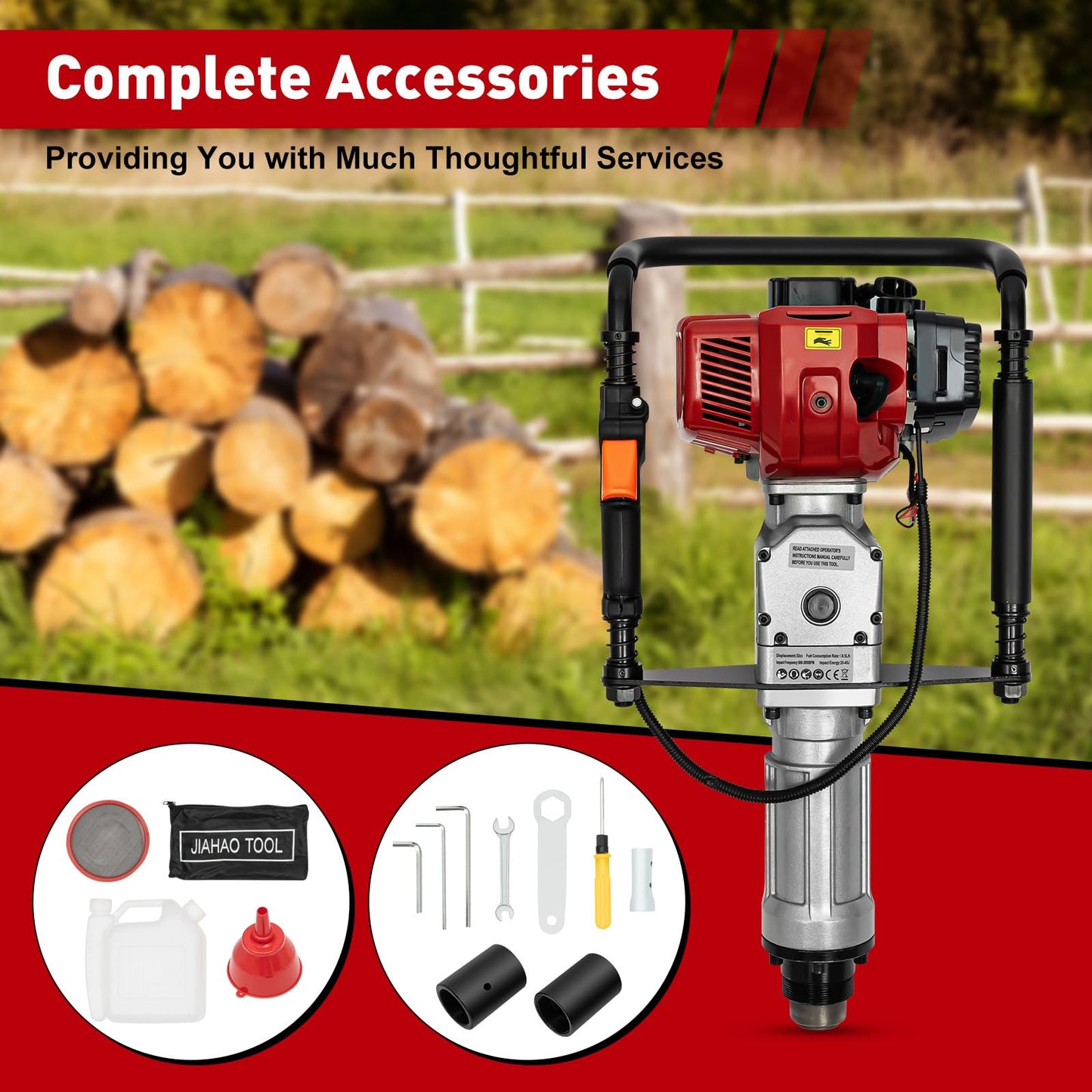 POIOKLJRE Post Driver, 52cc Gas Powered T Post Driver, 1900W Fence Post Driver, Shock Absorption and Safety Lock Heavy-Duty Gasoline Post Driver, Quick Pile Installation, Suitable for Professional Use