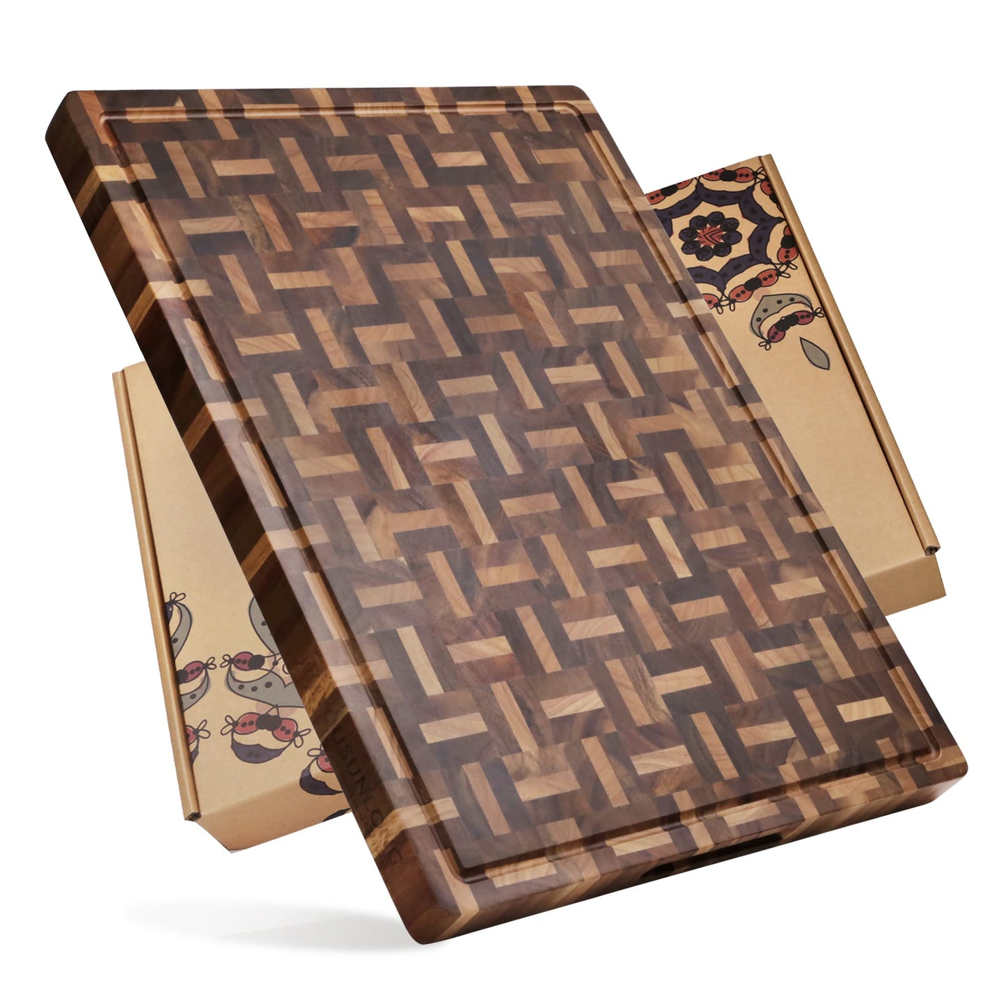 YOUSUNLONG Cutting Board XXL Large End Grain Acacia Wood Mixed With Oak - 24x18x1.5 Inch - Reversible Butcher Chopping Board With Deep Juice Groove And Handle - Cheese Board & Cooktop Board