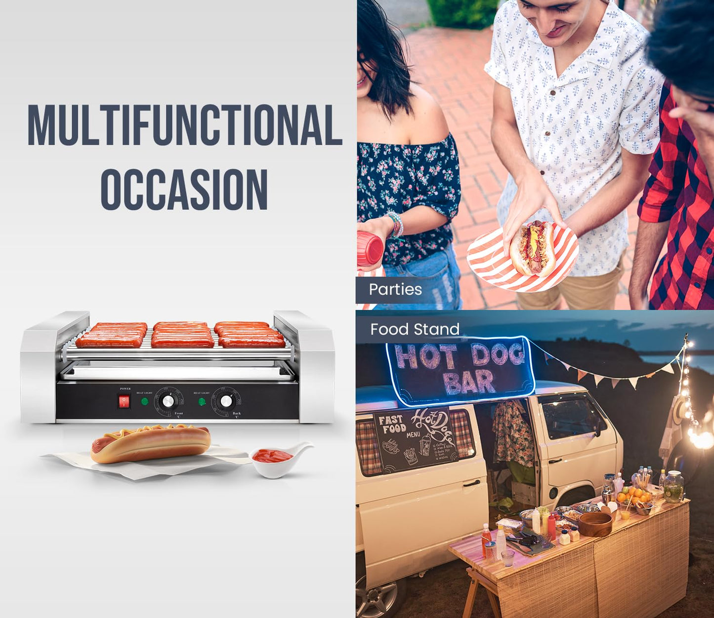 SYBO Hot Dog Roller, 30 Hot Dogs 11 Rollers Grill Cooker Machine with Removable Stainless Steel Drip Tray, 1430-Watts, Ideal for Commercial And Party Use
