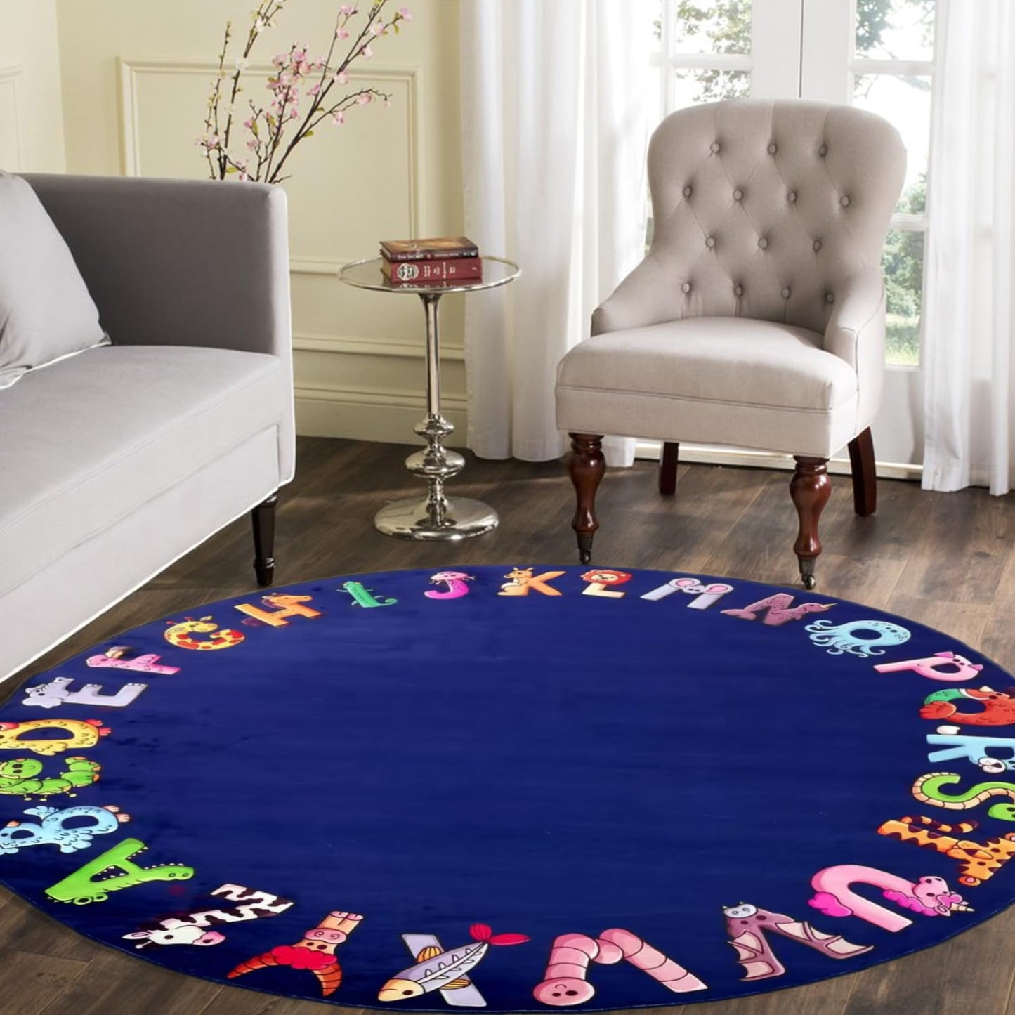 Round Kids Play Rug, ABC Rugs for Kids, Toddlers and Baby, Nursery Area Rug Soft Crawling Play Mat, Non Slip Circle Alphabet Educational Carpet for Children Playroom Classroom Bedroom Decor