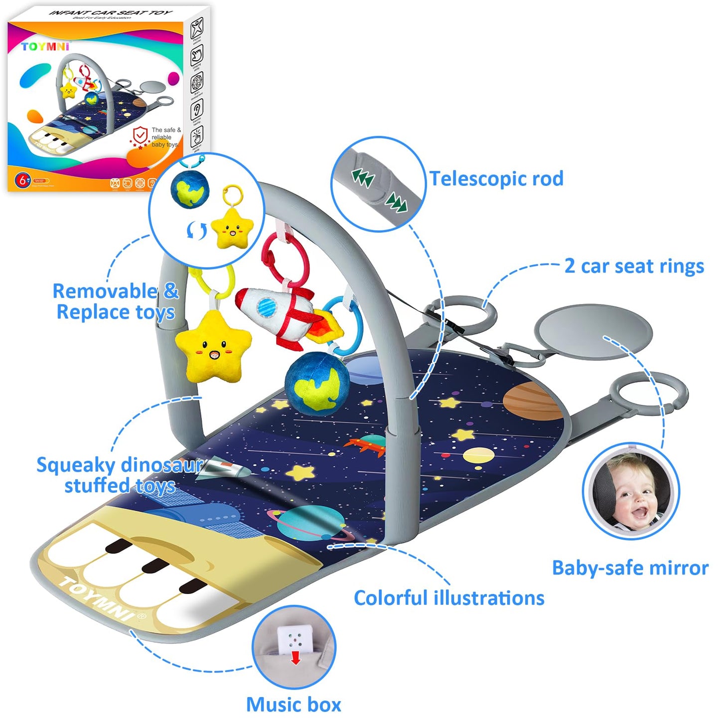 TOYMNI Car Seat Toys for Baby Infant 6 Months and Up, Carseat Toys with Musical Pedal Piano, Baby Mirror and Hanging Squeaky Sensory Soft Baby Toys 6 to 12 Months, Baby Car Toys Rear Facing