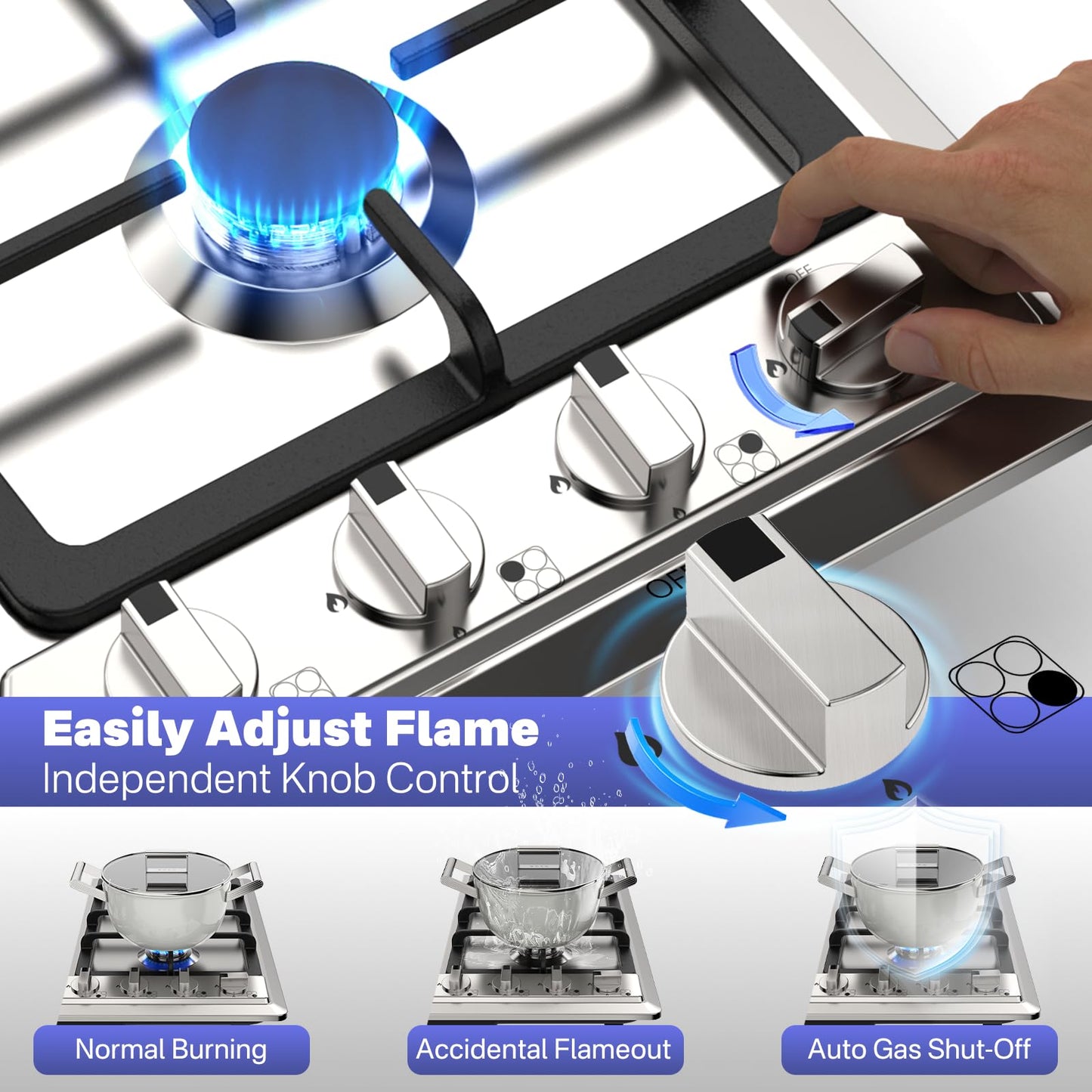 Nardea Gas Stove Top, 4 Burners LPG/NG Convertible Stainless Steel Gas Stove Top with Thermocouple Flameout Protection, Electric Ignition Built-in Countertop Hob for RV, Indoor & Outdoor Use
