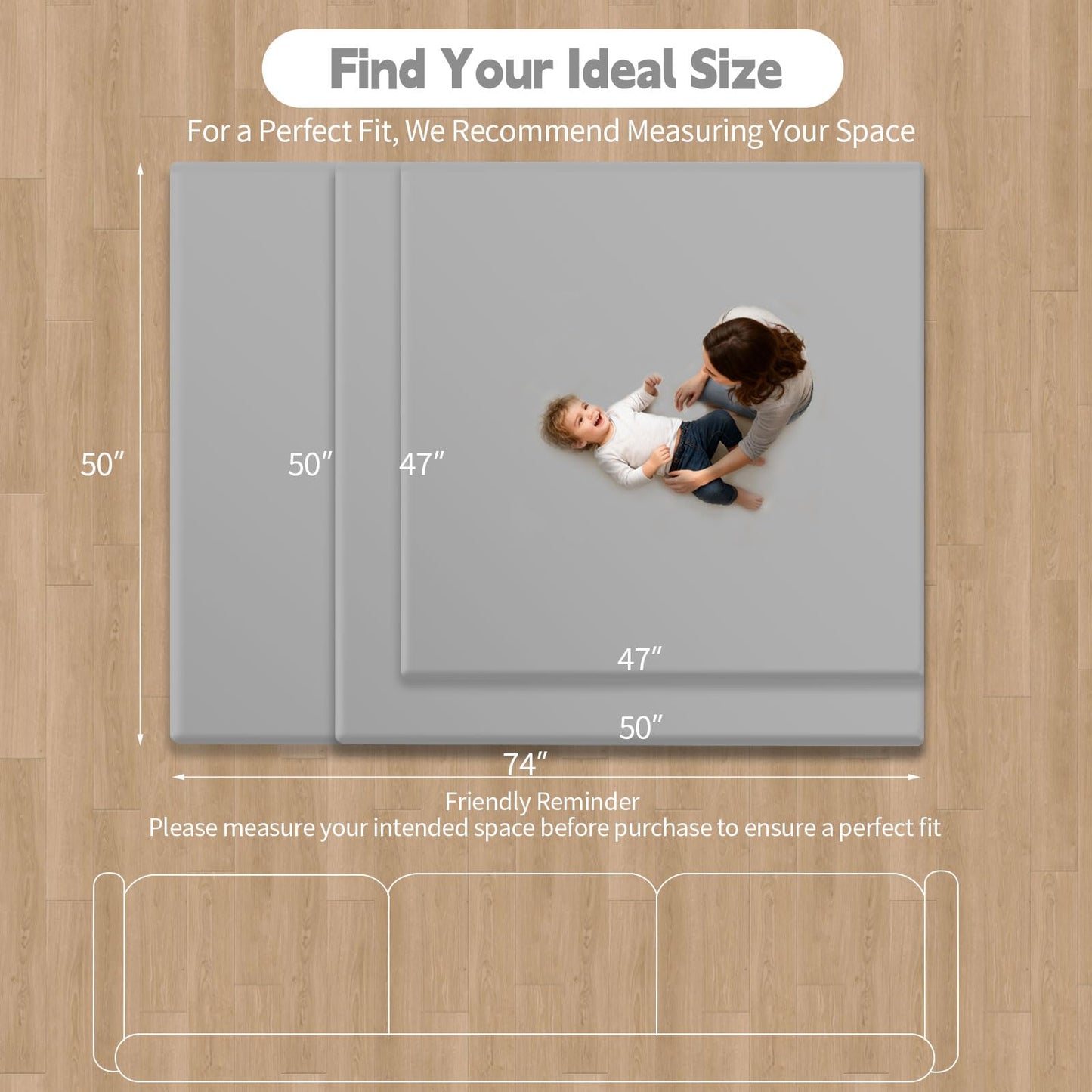 LevNubis PU Leather Baby Play Mat for Floor, 47"×47" Playpen Mat, 1.3" Thick Elasti-Foam, Non-Slip Crawling Mat for Tummy Time, Waterproof & Wipe-Clean Playmat for Toddler,Infant, Kids (Grey）