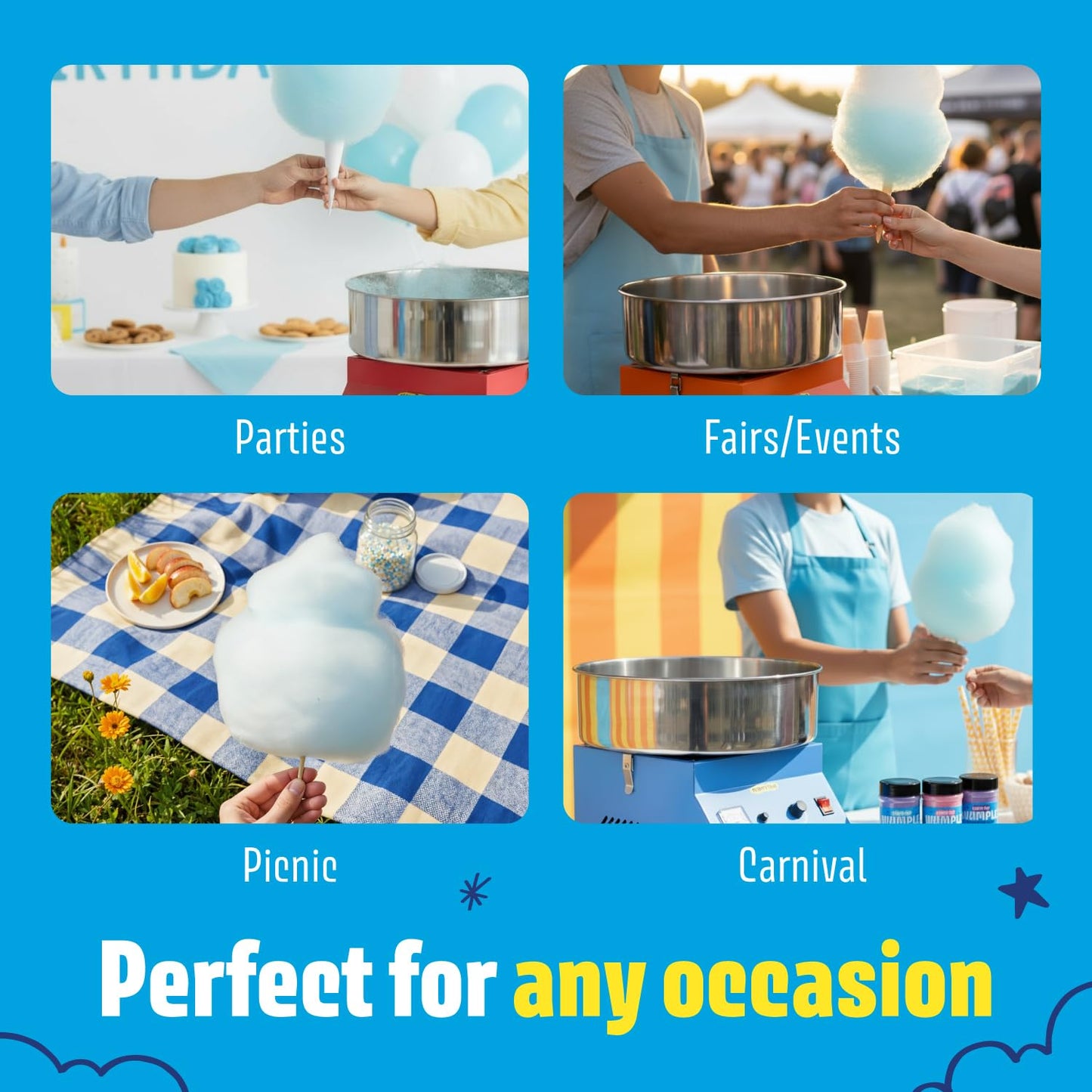 Wumple - Cotton Candy Machine Pro Bundle, Includes 3 Flavored Sugars & 70 Cones, Electric Machine with Large Stainless Steel Bowl for Parties & Business (Orange)