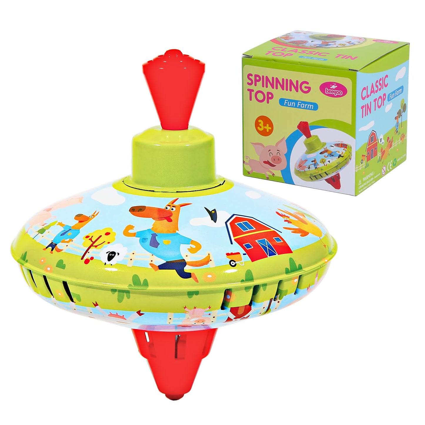 Beeqoo Fun Farm Spinning Top Tin Toy for Kids – Retro Classic Toys - Toddler Traditional Spin Tops - Metal Fidget Spinner for Kindergarten – Sensory Gyroscope - Novelty Present Party Favors