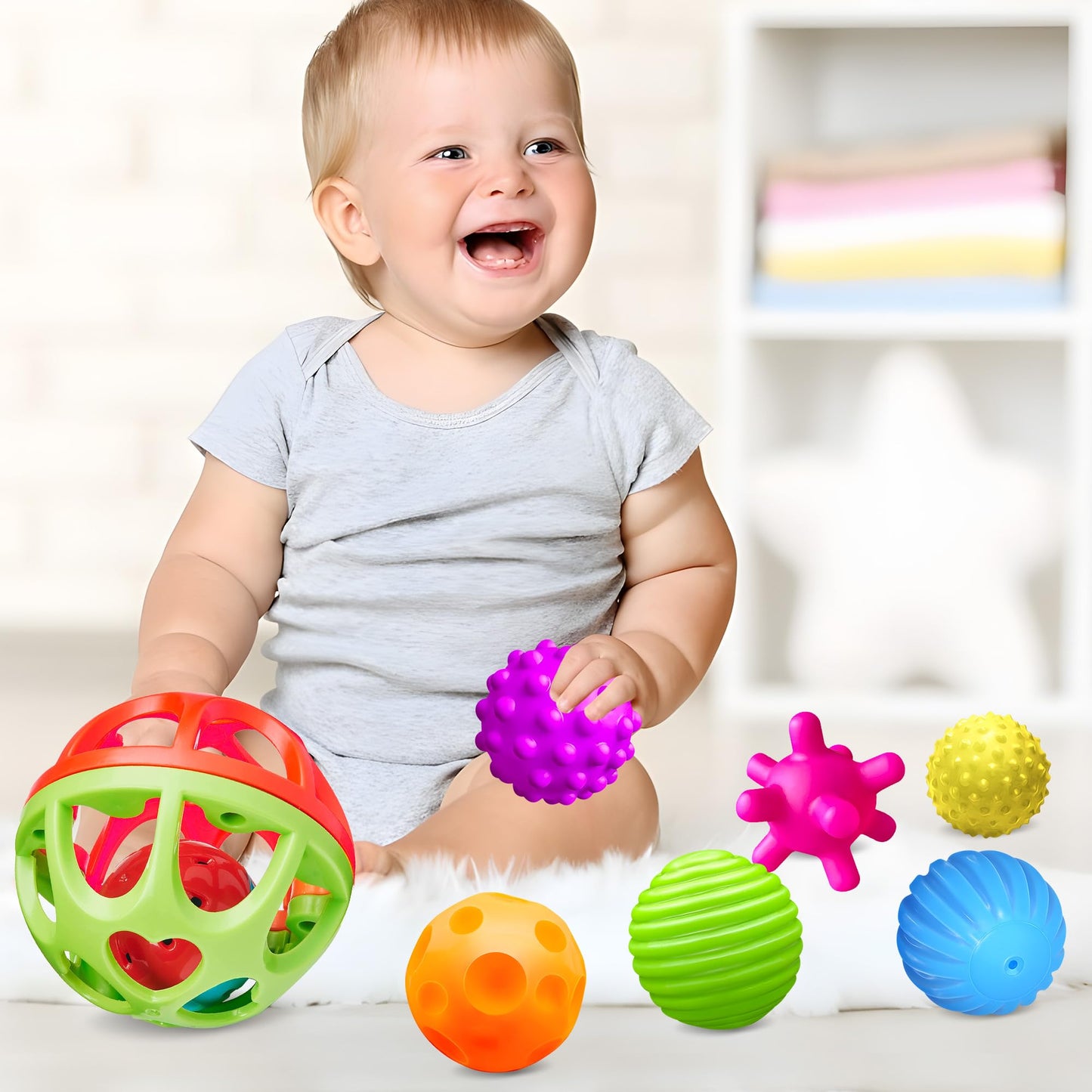 ROHSCE Textured Sensory Balls & Baby Rattle + Montessori Busy Board with Lights & Music, Hand Catching, Montessori Toys, Fine Motor, Travel Toy for Airplane/Car, Gifts for Babies 3–6M & Toddlers 1–3
