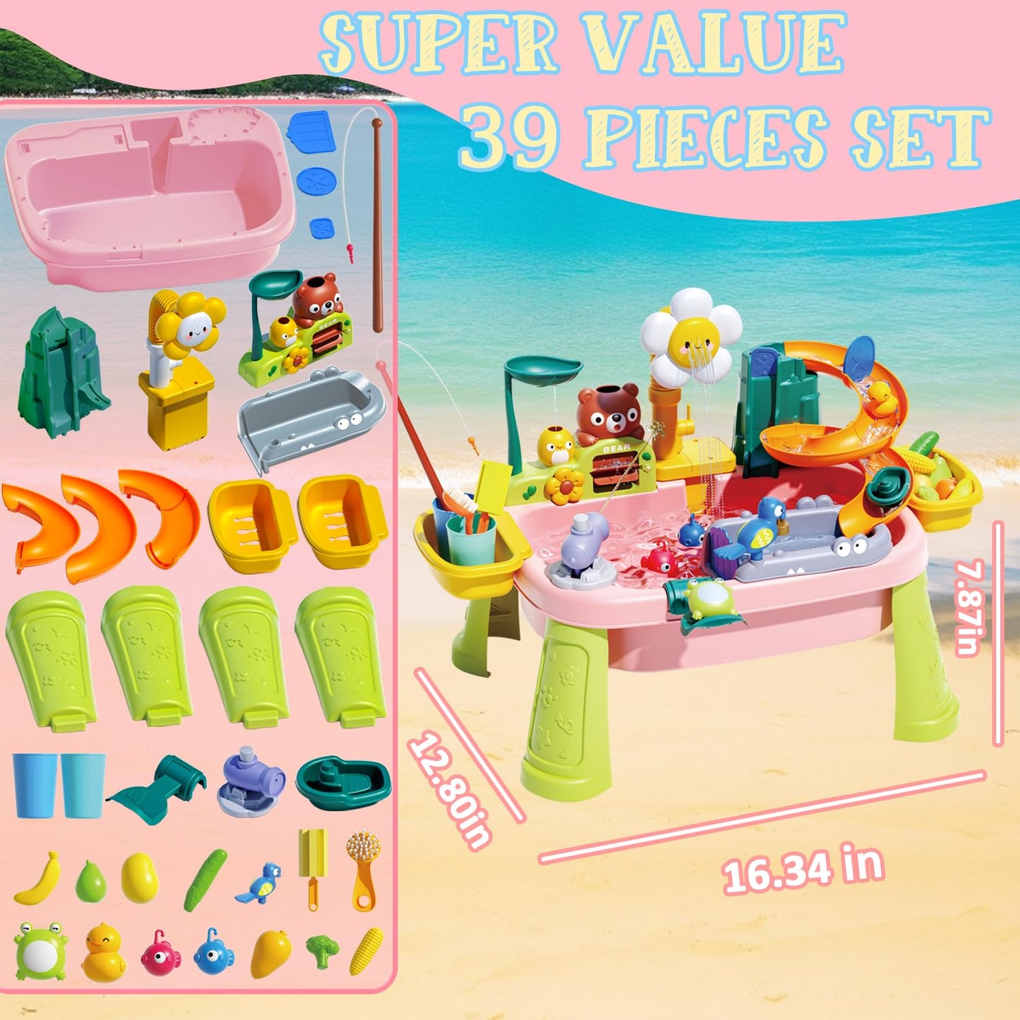 Water Table for Toddlers 1-3, Water Toys for Kids Ages 4-8, Play Sink with Electric Pump Kitchen Play Food Fishing Game, Summer Outdoor Toys Sand Activity Sensory Playset Girls Boys, Pink