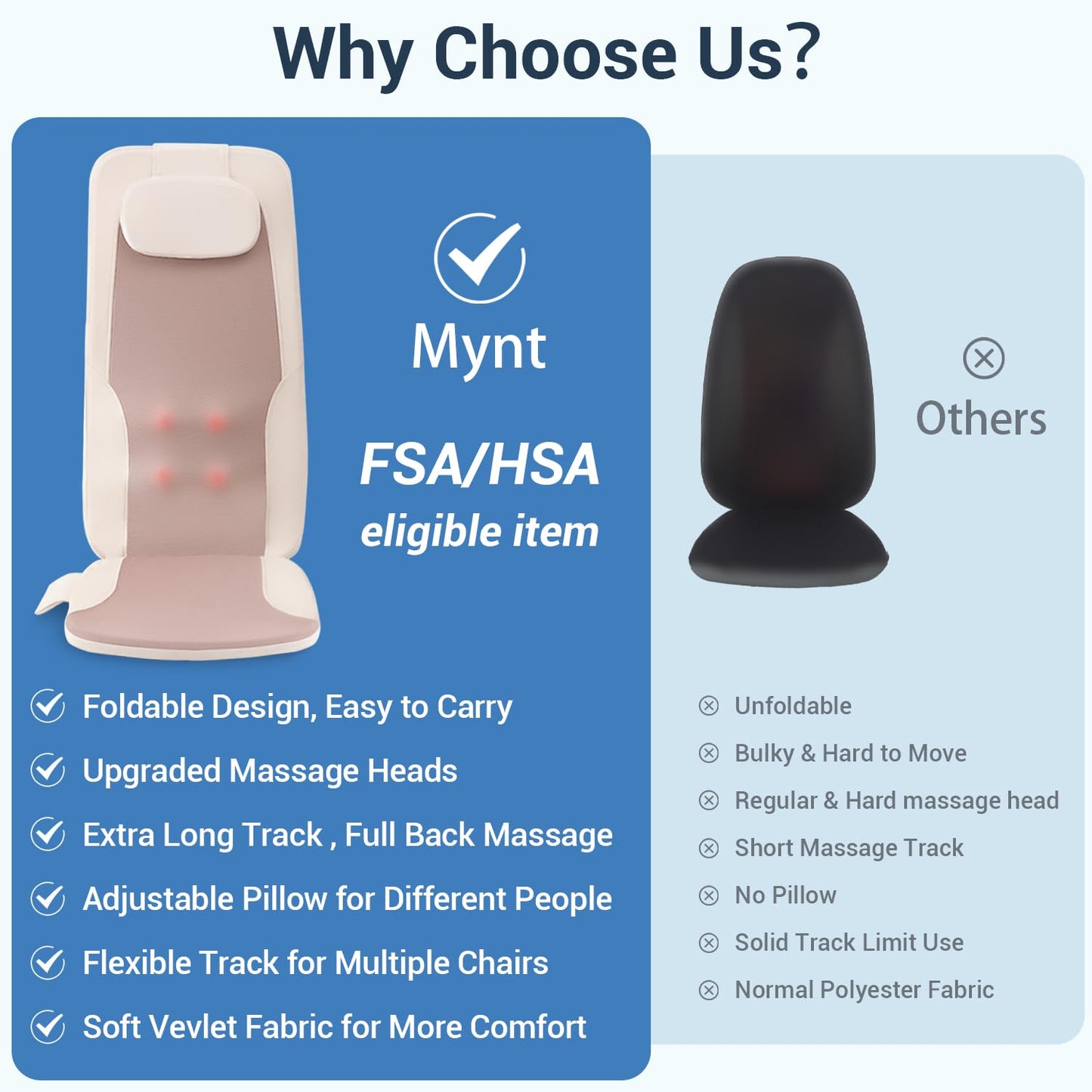 Mynt FSA Eligible HSA Approved Back Massager, Chair Massager with Soothing Heat, Flexible Massage Chair Pad with Soft S-Curve Longer Track Adjustable Pillow for Diverse Body Contours, Christmas Gift