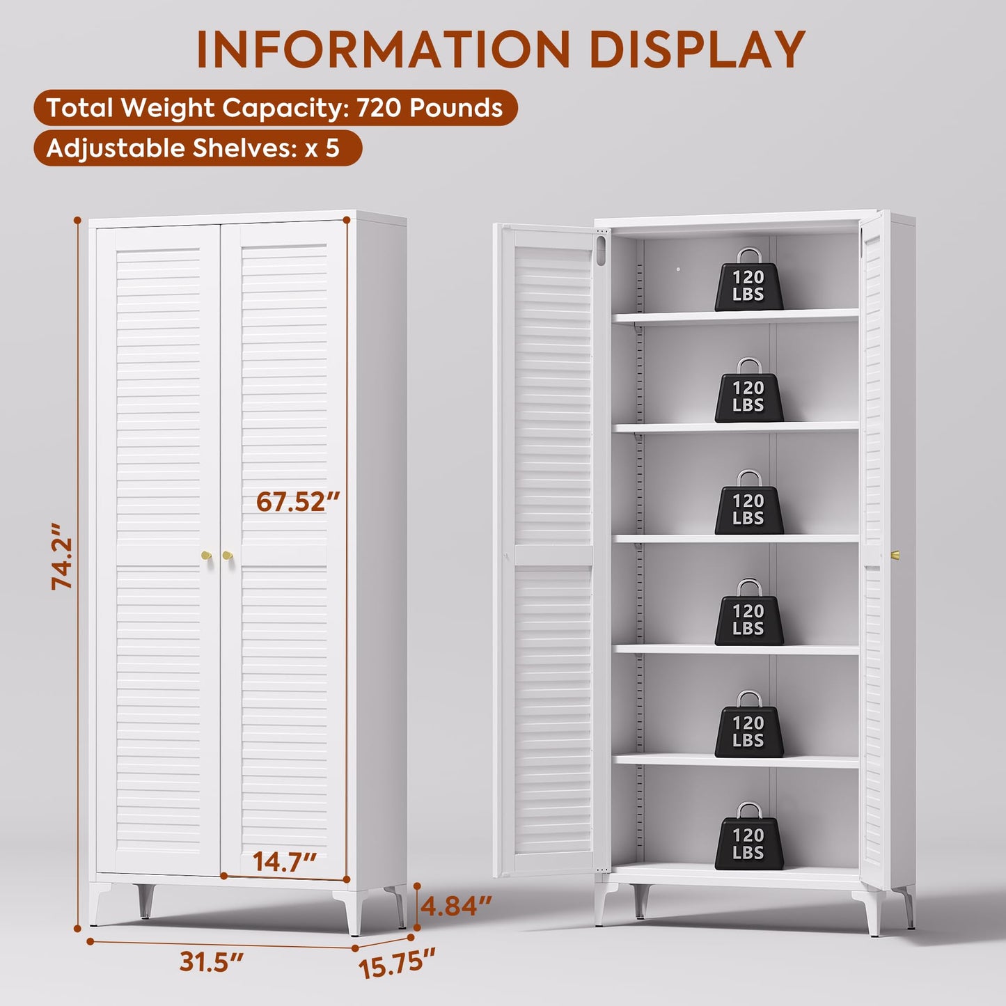 GangMei Metal Kitchen Pantry Cabinet with 2 Doors,Metal Pantry Cabinet with 5 Adjustable Shelves for Kitchen,Home,74.2" H × 31.5" W × 15.75" D,Required Assembly, White