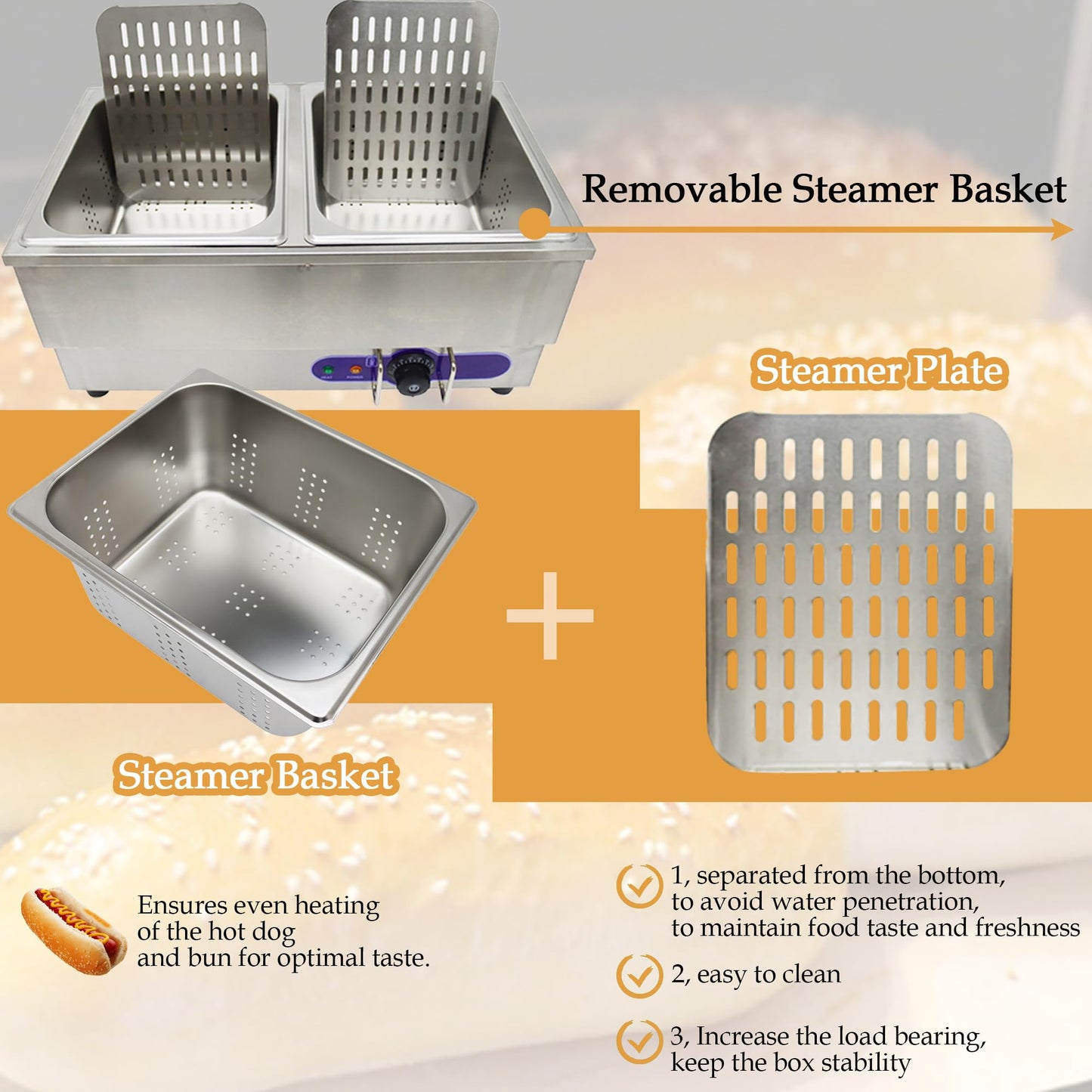 Maisutseb 110V Commercial Hot Dog Steamer & Bun Warmer Steamer for hypermarket Food Industry with 2 Sets of Stainless Steel Basin