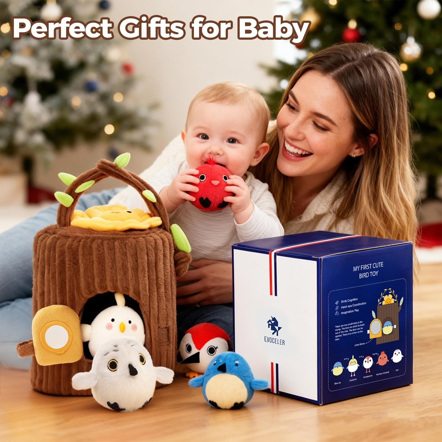 Evoceler Surprise Tree Stump with Birds, Rattle, Crinkle Paper,Squeaker & Mirror | Soft Montessori Toys for 6 Month Old Babies | Sensory Toddlers 1-3, 1 Year Old Boy Girl Gifts, Baby Toys 6-12 Months