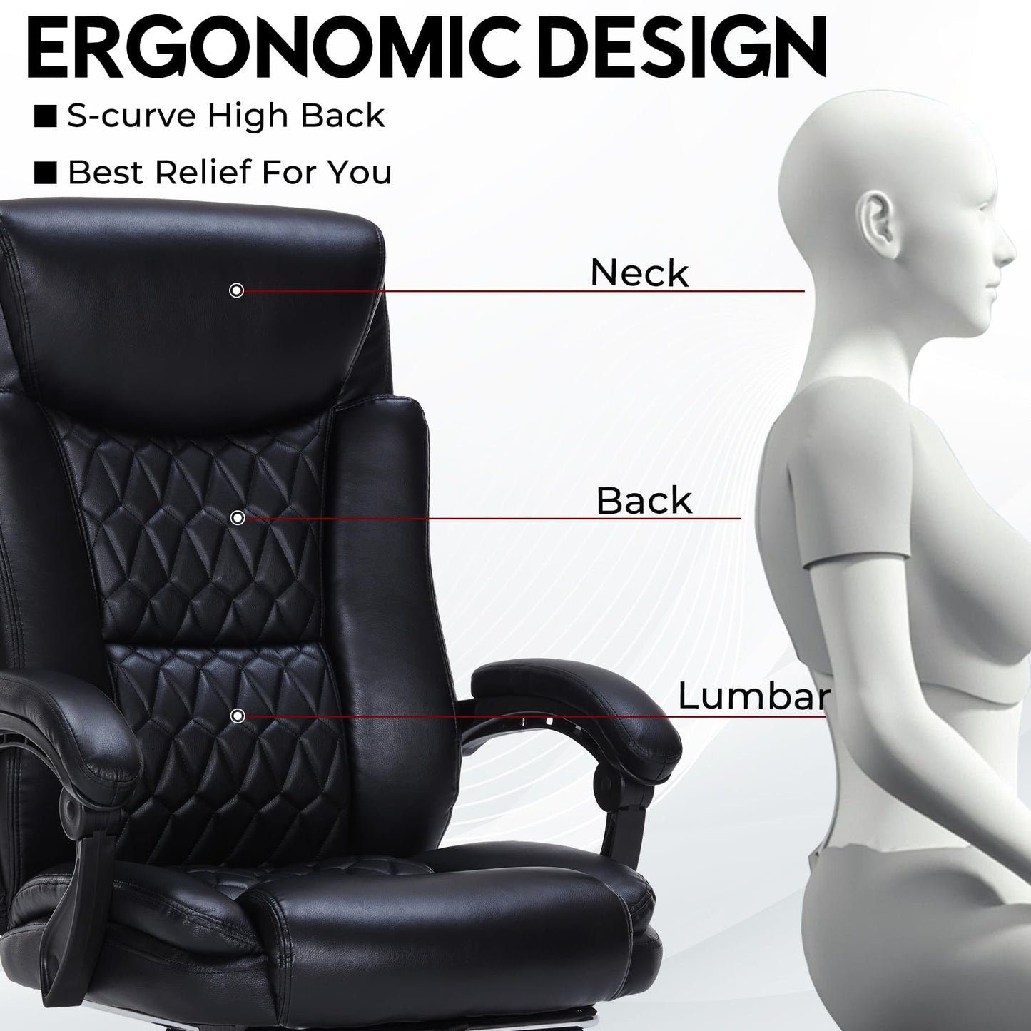400lbs Reclining Executive Office Chair with Foot Rest, Big and Tall Ergonomic Office Chair, Home Office Desk Chairs for Heavy People (Black)
