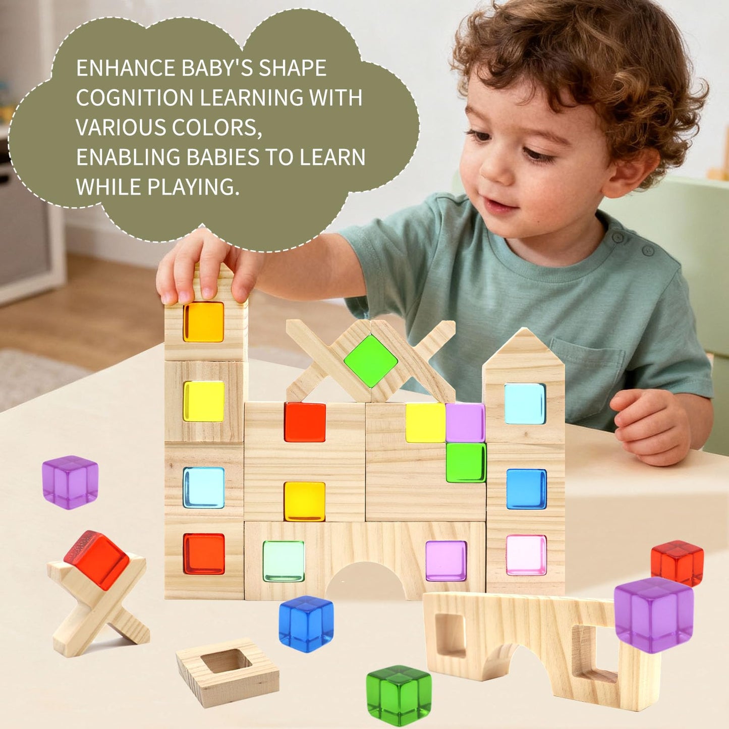 kuchisity Wooden Building Blocks Set for Kids, 60 PCS Rainbow Acrylic Gem Cubes Stacking Blocks, Montessori Stacking Toy for Toddlers Educational Toy Early Learning Gifts for Boys Girls 3-6 (60)