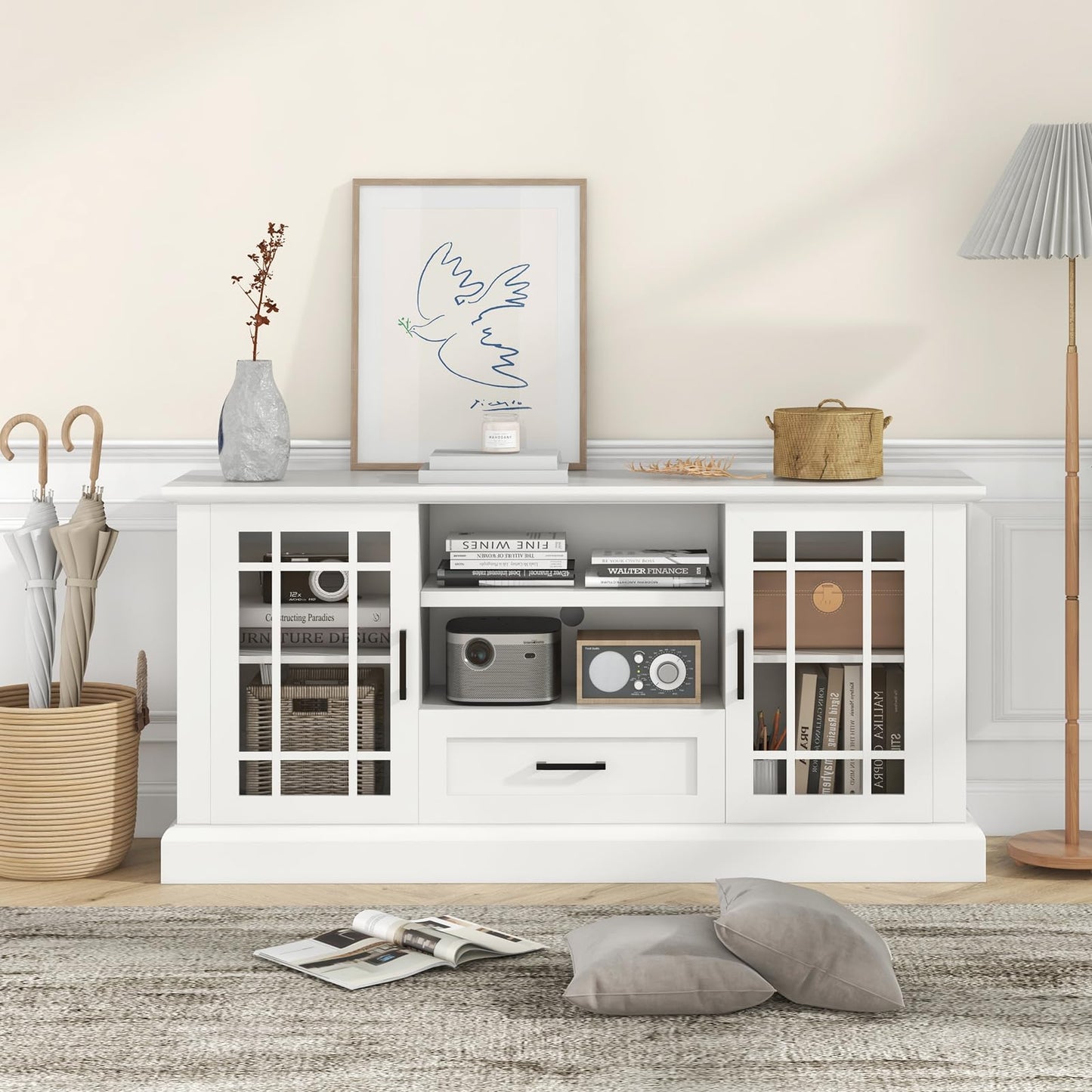 Tangkula Farmhouse TV Stand for TV up to 65 70 Inches, Tall Media Console Table with 2 Glass Storage Cabinets, 1 Drawer & 2 Open Shelves, Wooden Entertainment Center for Living Room (White)